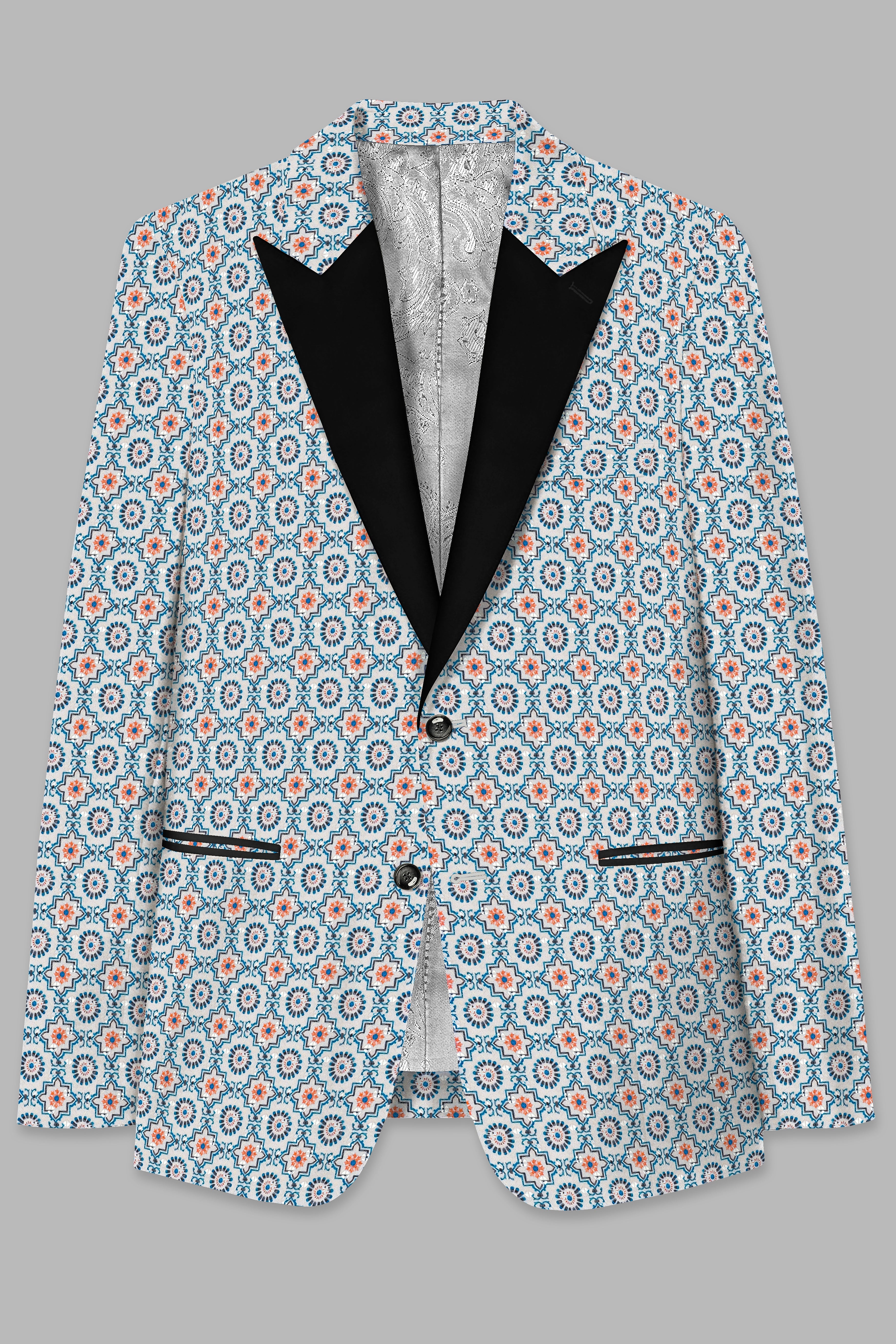 Persian Blue And Crusta Orange hexagon Thread Embroidered Peak Lapel Tuxedo Blazer