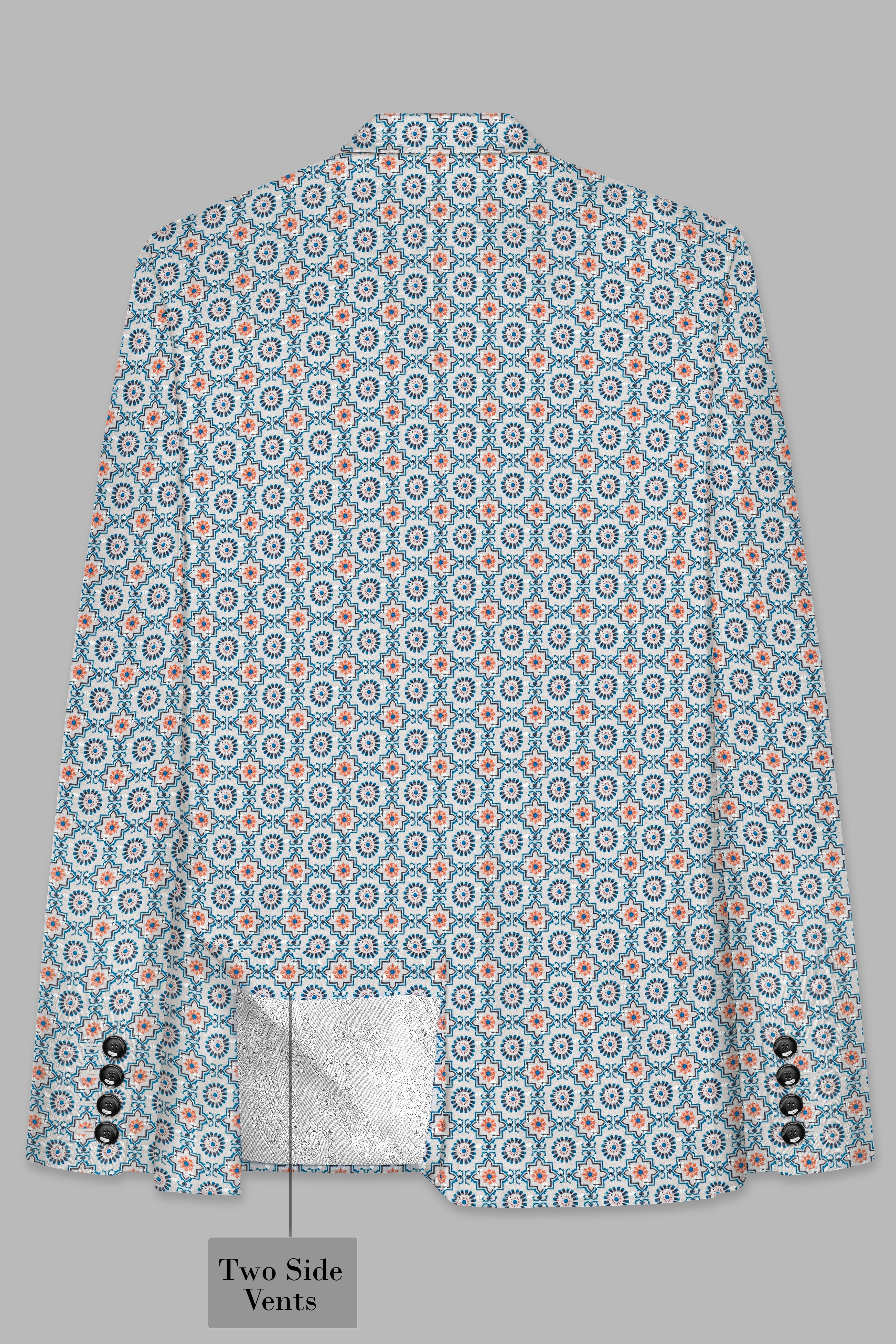 Persian Blue And Crusta Orange hexagon Thread Embroidered Peak Lapel Tuxedo Blazer