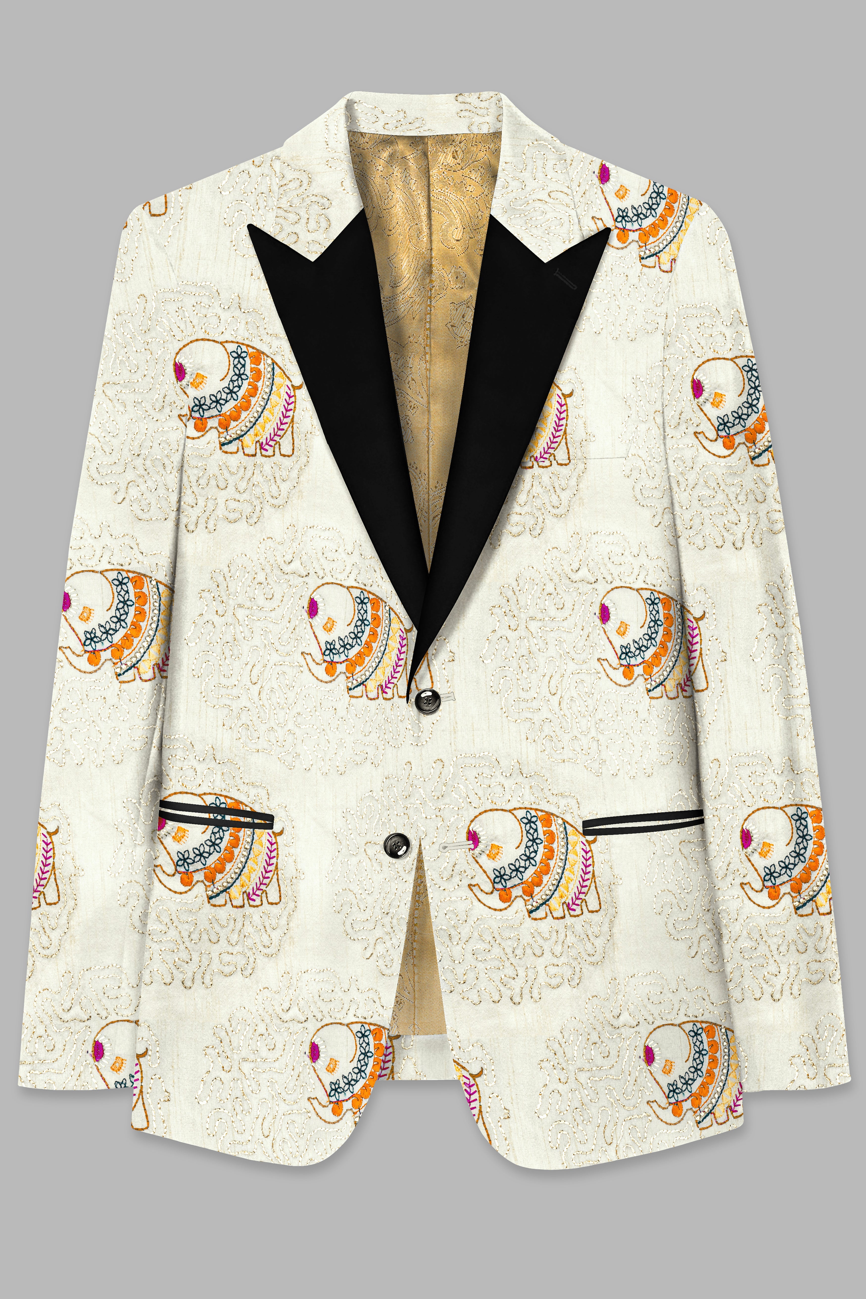 Soft Amber Cream Designer Elephant Embroidered Peak Lapel Tuxedo Blazer