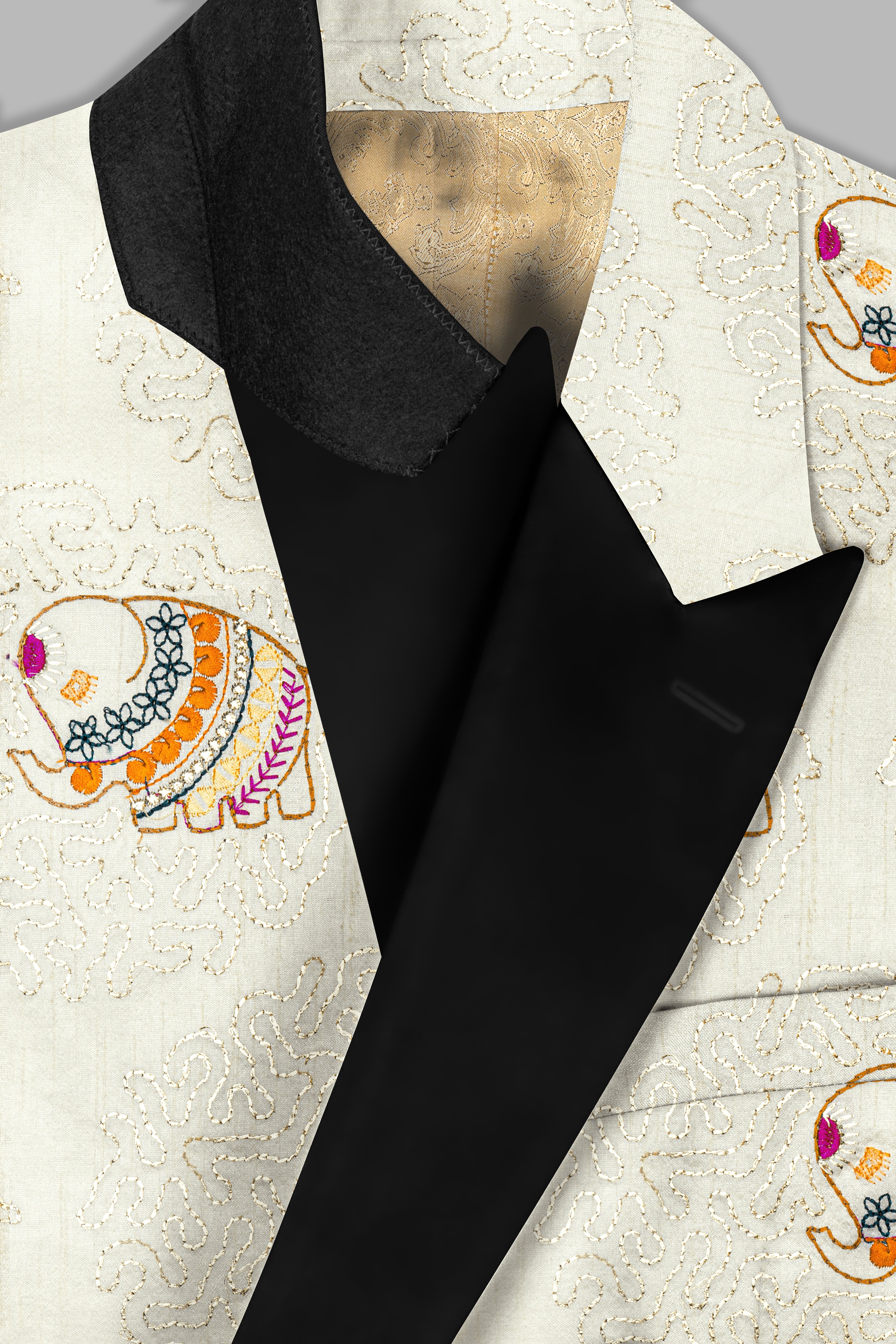 Soft Amber Cream Designer Elephant Embroidered Peak Lapel Tuxedo Blazer