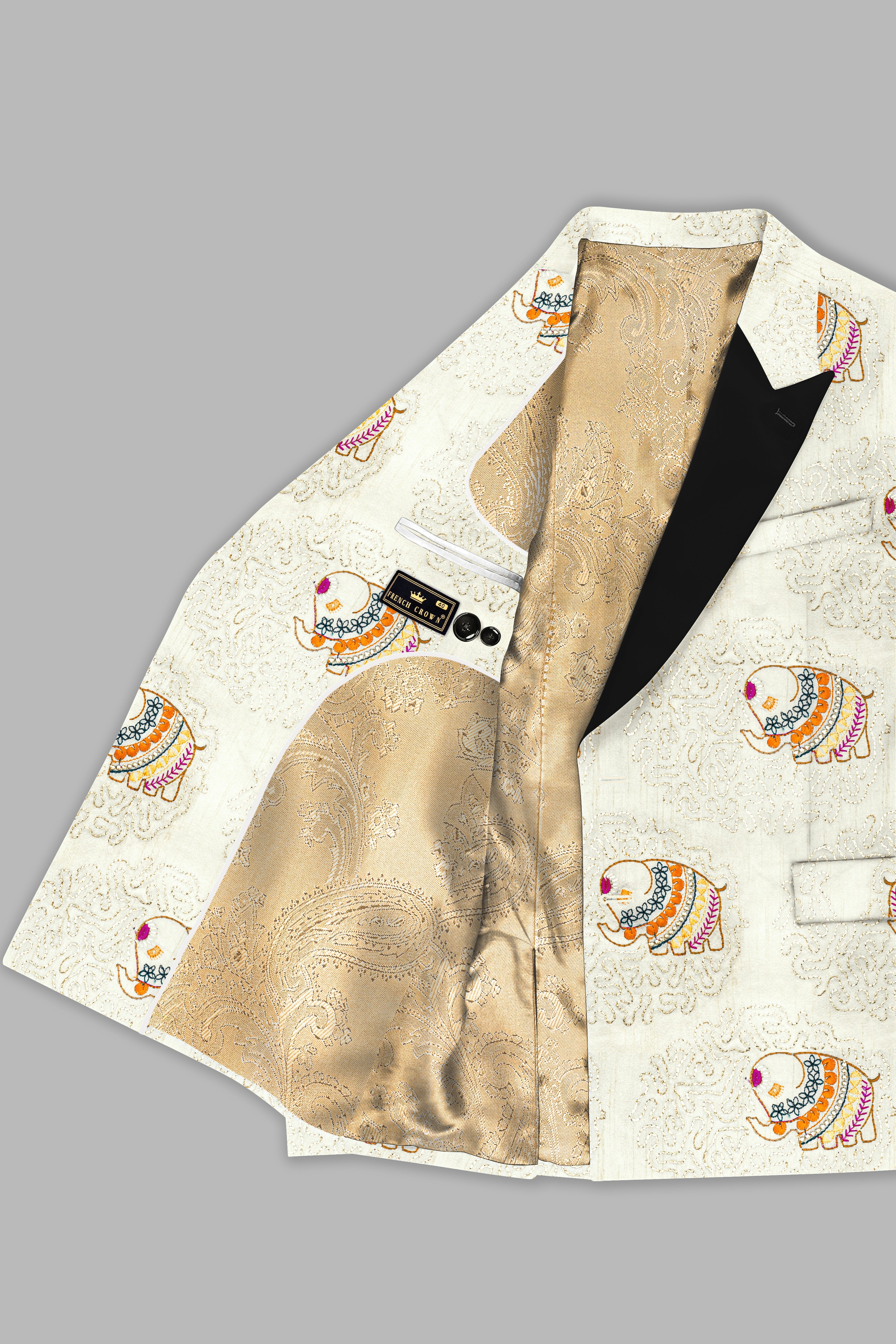 Soft Amber Cream Designer Elephant Embroidered Peak Lapel Tuxedo Blazer