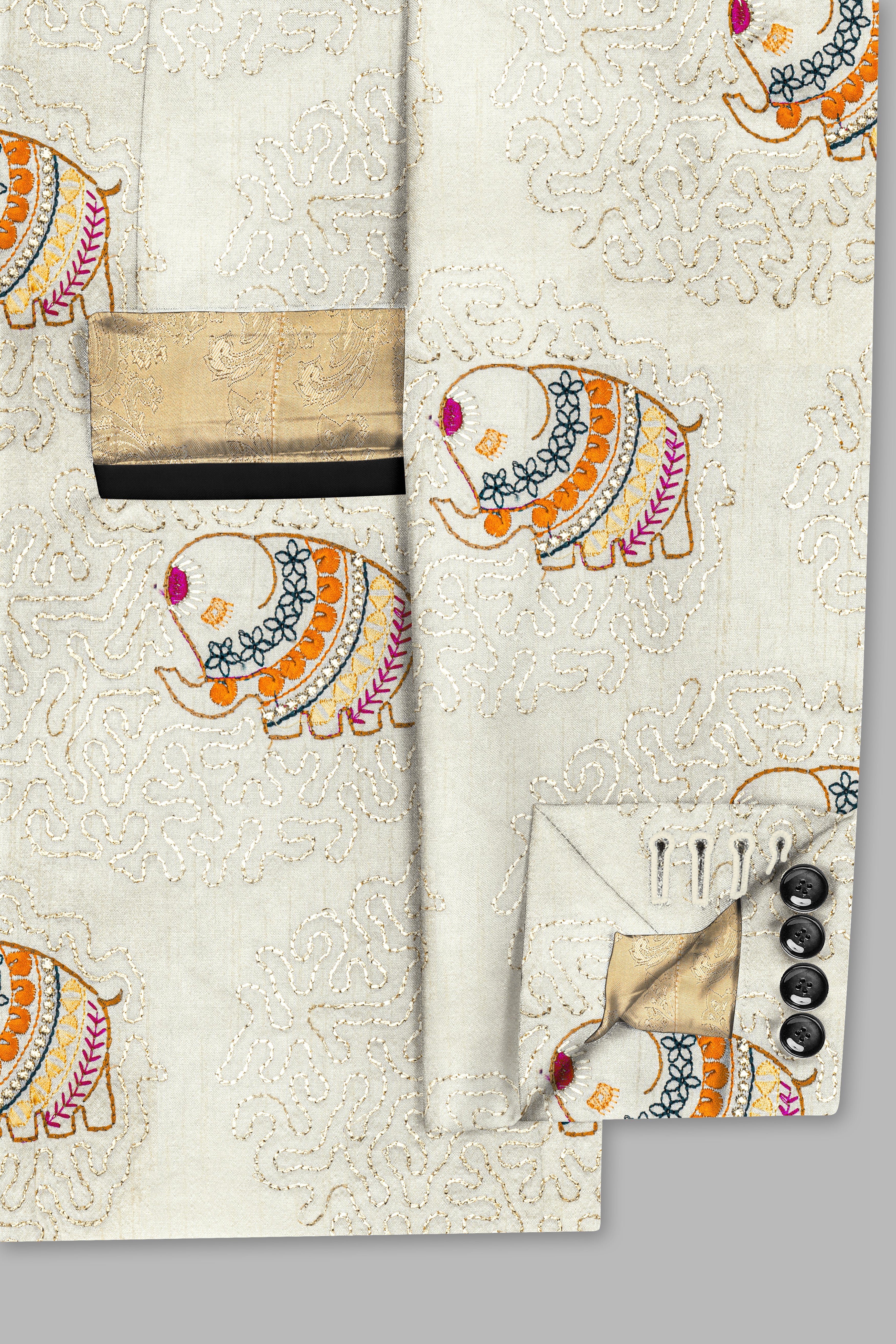 Soft Amber Cream Designer Elephant Embroidered Peak Lapel Tuxedo Blazer