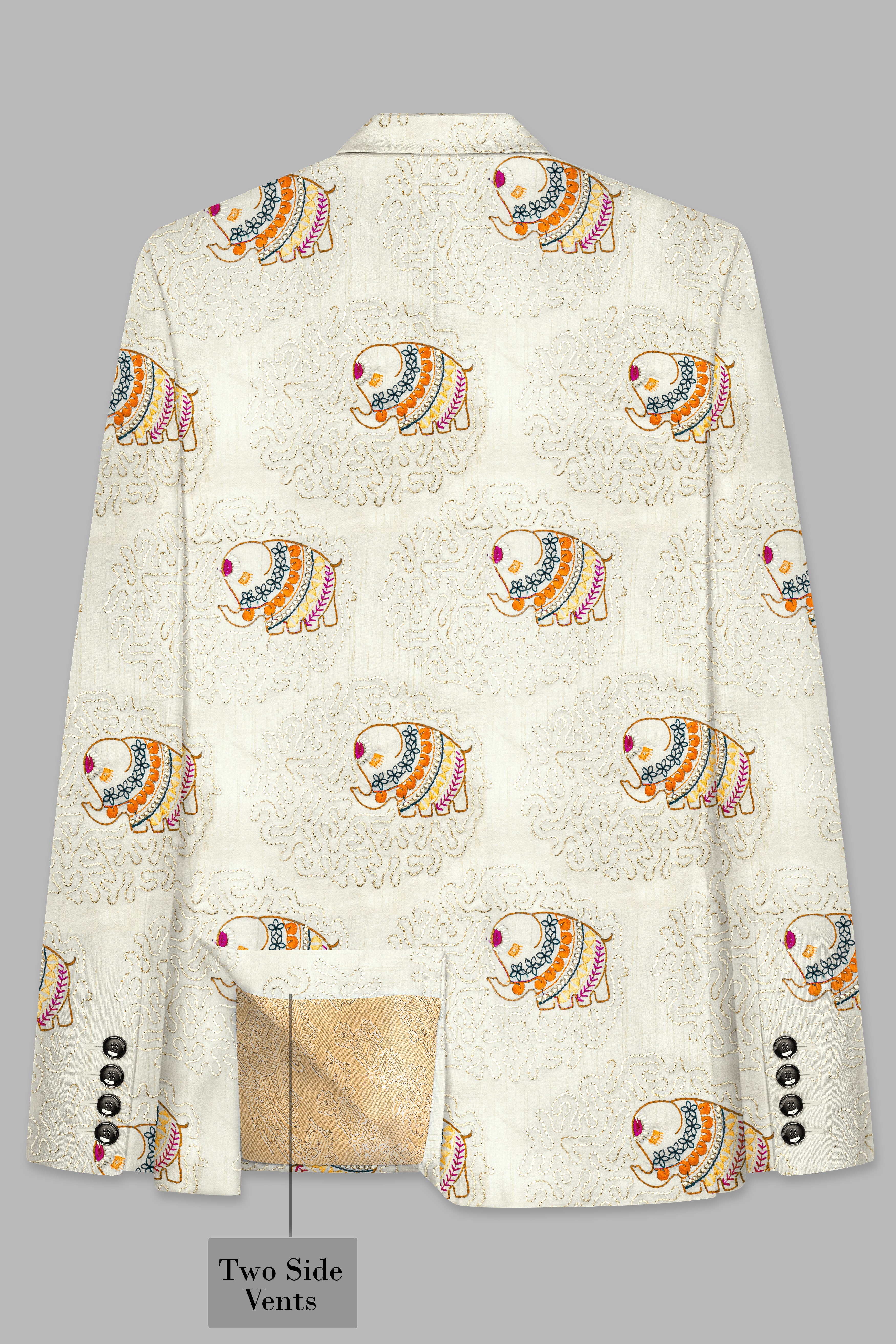 Soft Amber Cream Designer Elephant Embroidered Peak Lapel Tuxedo Blazer