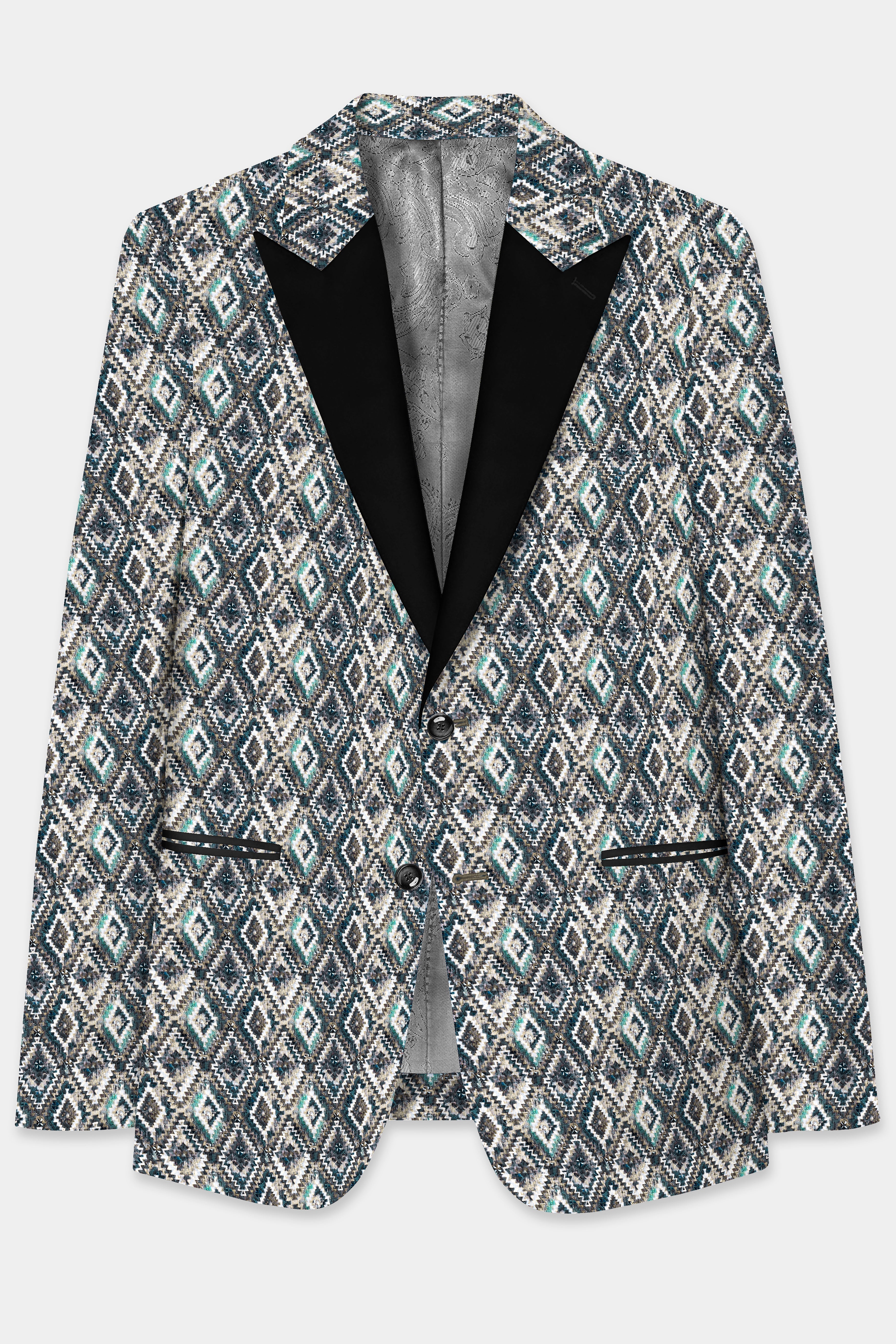 Abbey Gray And Outer Space Blue Designer Embroidered Peak Lapel Tuxedo Blazer
