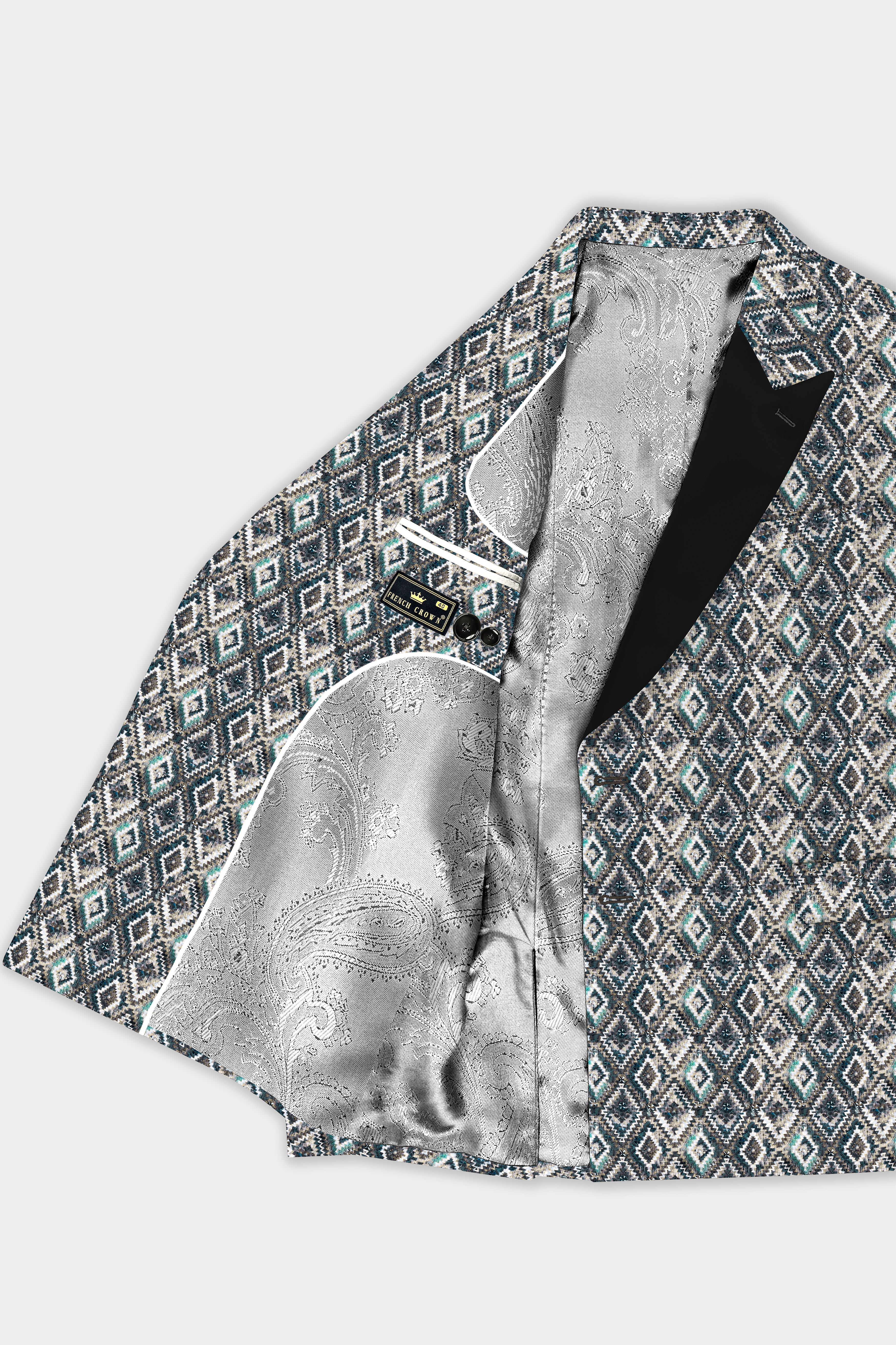 Abbey Gray And Outer Space Blue Designer Embroidered Peak Lapel Tuxedo Blazer