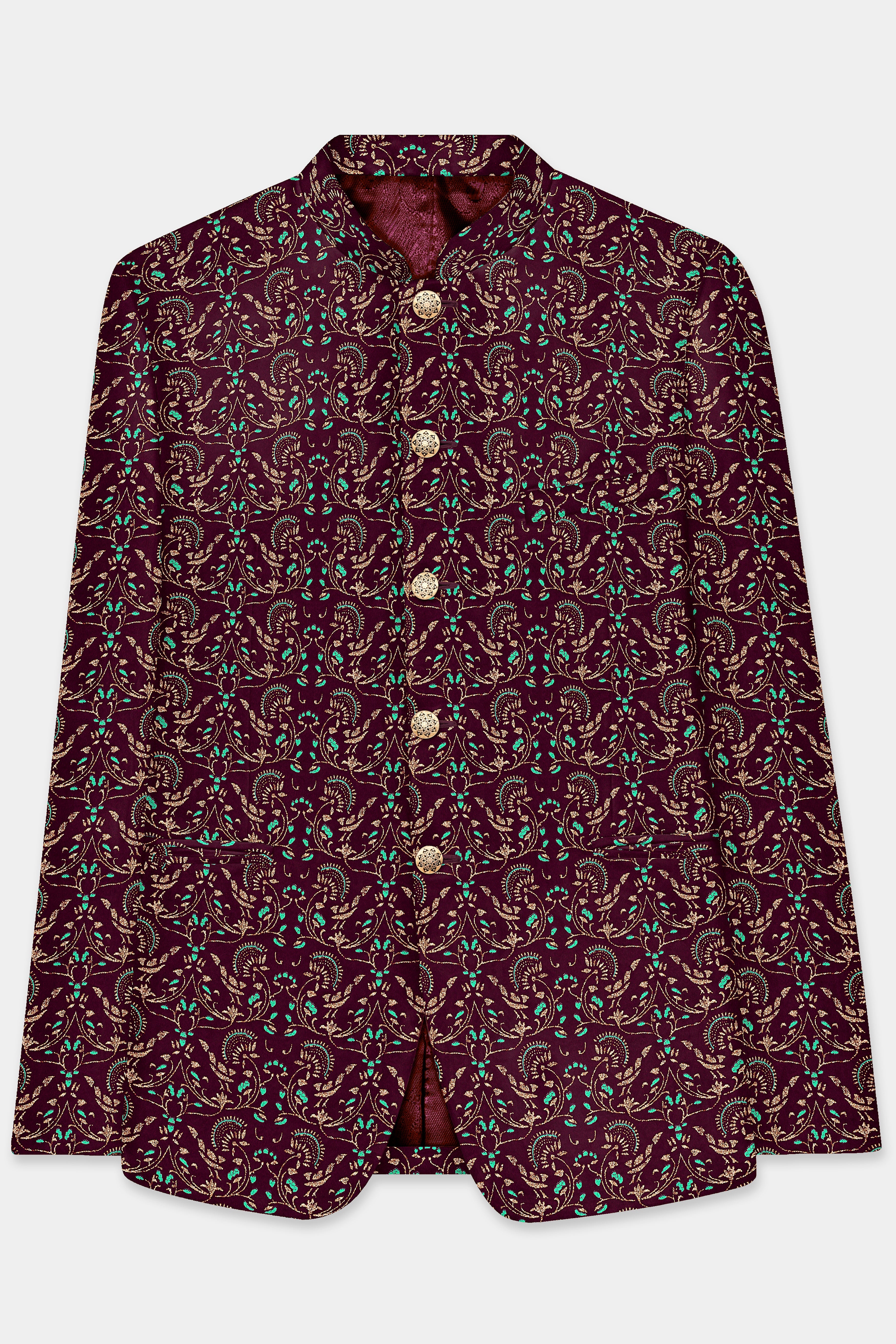 Ecilpse Maroon And Fountain Blue Velvet Printed Designer Bandhgala Jodhpuri