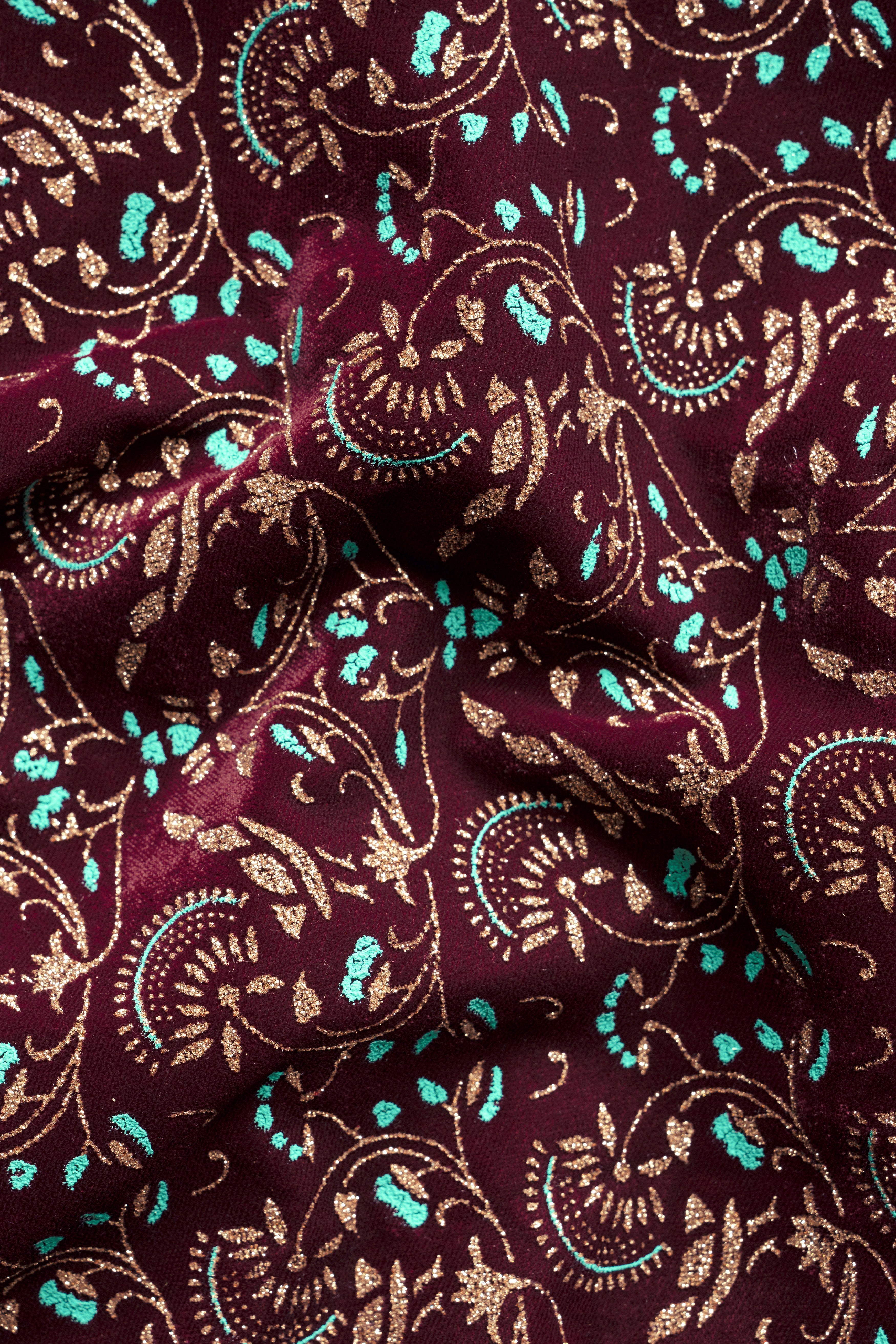 Ecilpse Maroon And Fountain Blue Velvet Printed Designer Bandhgala Jodhpuri