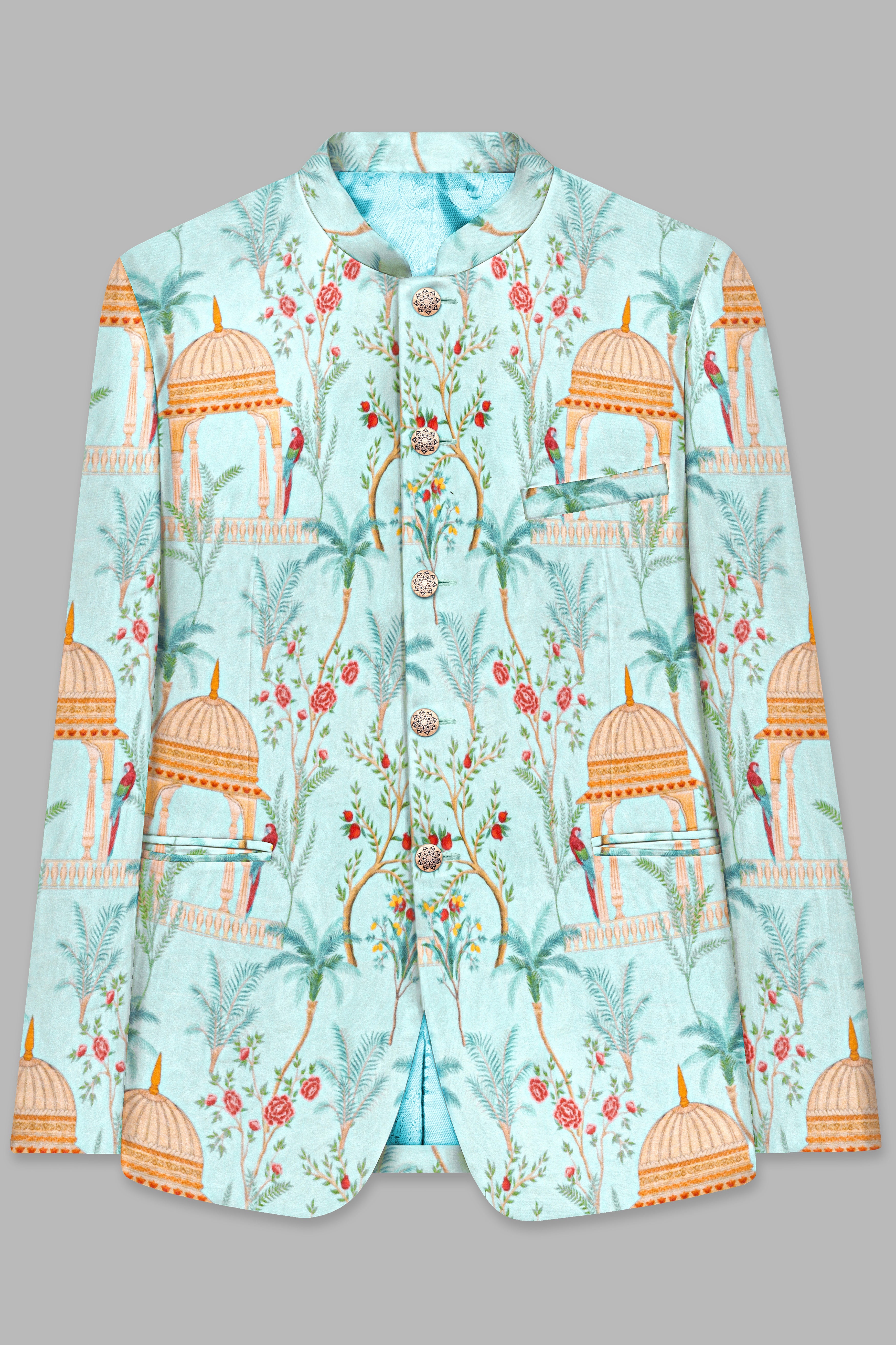 Mint Tulip Blue And Maize Orange Velvet Mughal garden arch Printed Bandhgala Jodhpuri
