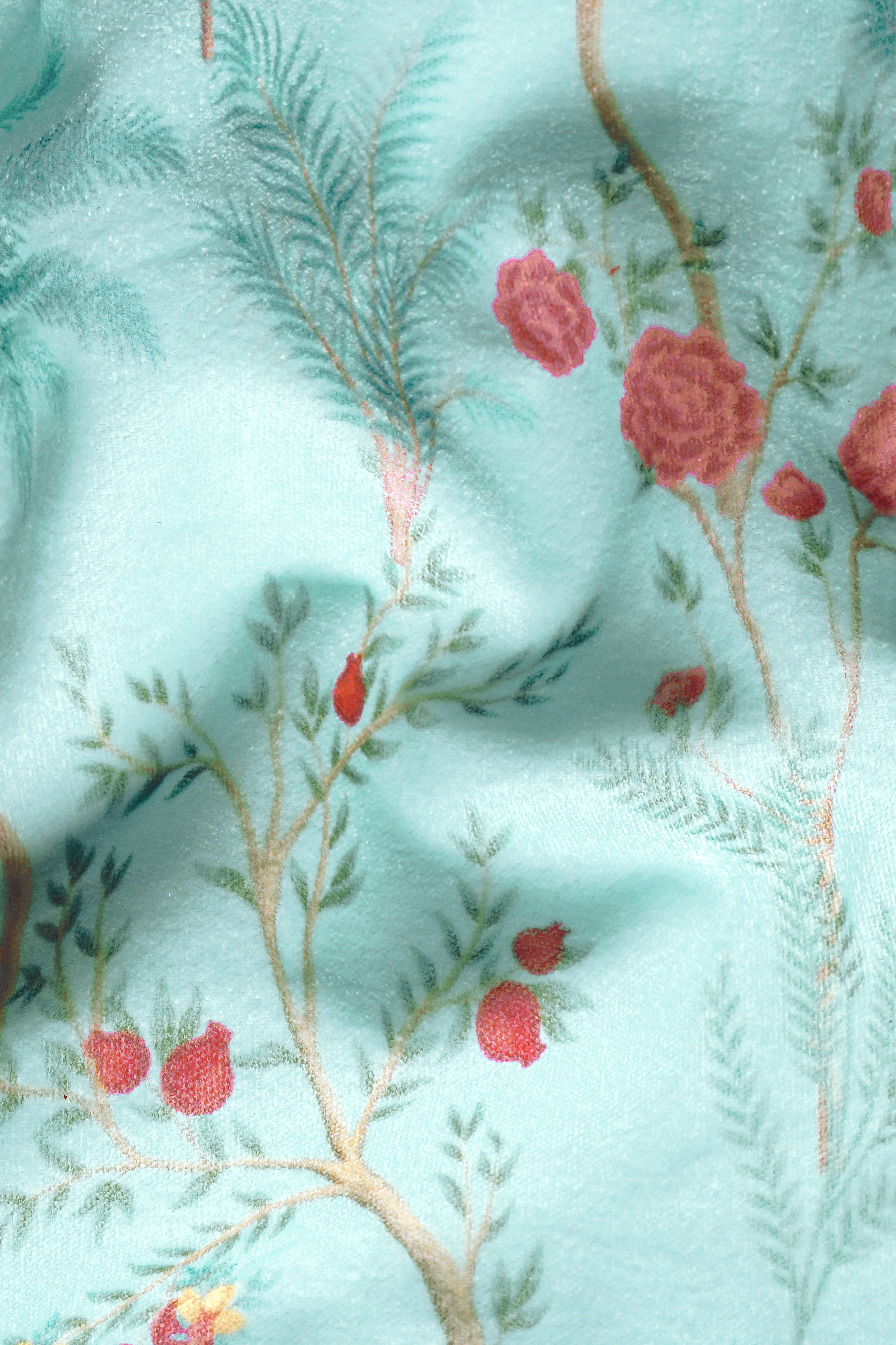 Mint Tulip Blue And Maize Orange Velvet Mughal garden arch Printed Bandhgala Jodhpuri