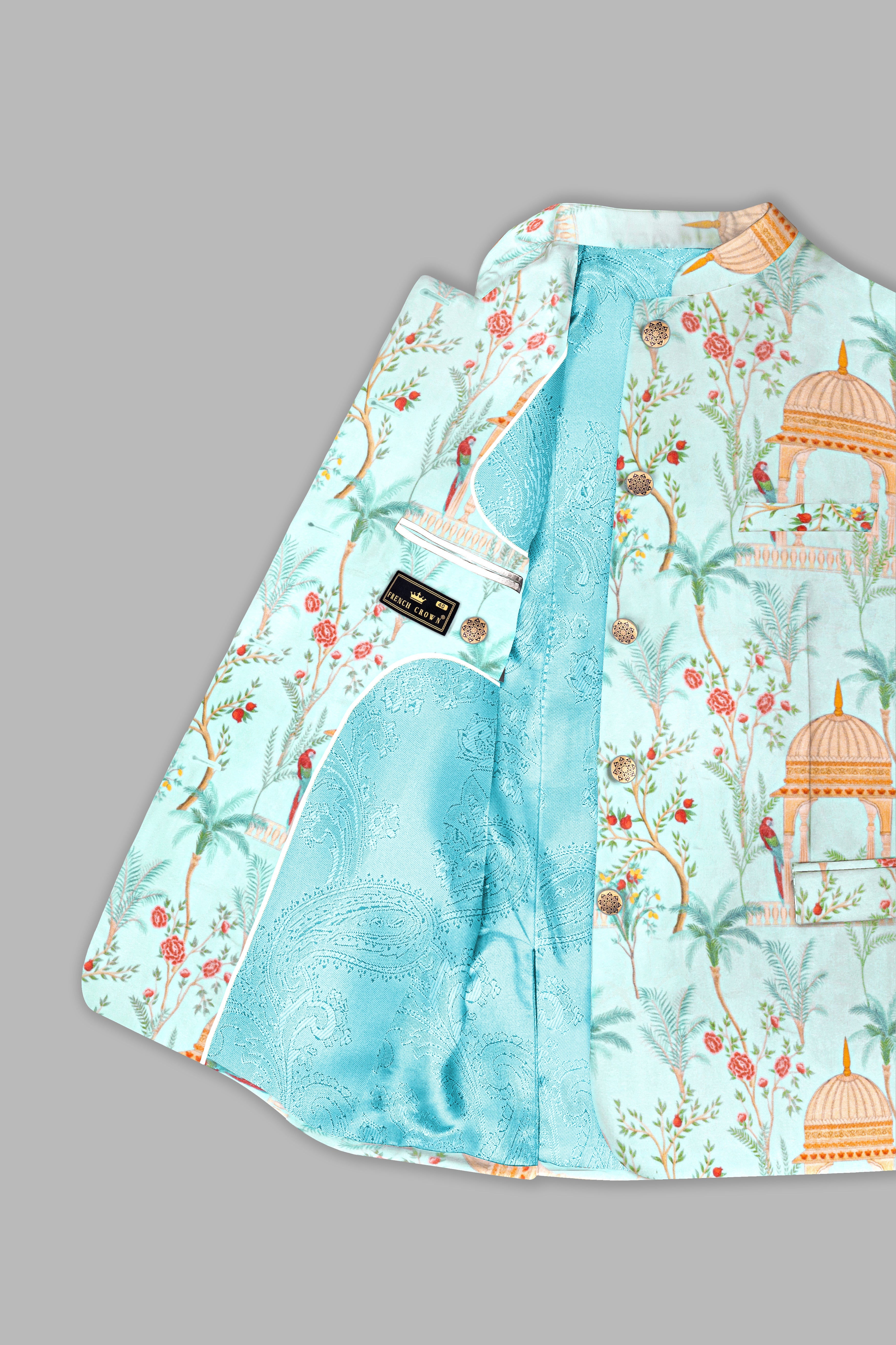 Mint Tulip Blue And Maize Orange Velvet Mughal garden arch Printed Bandhgala Jodhpuri