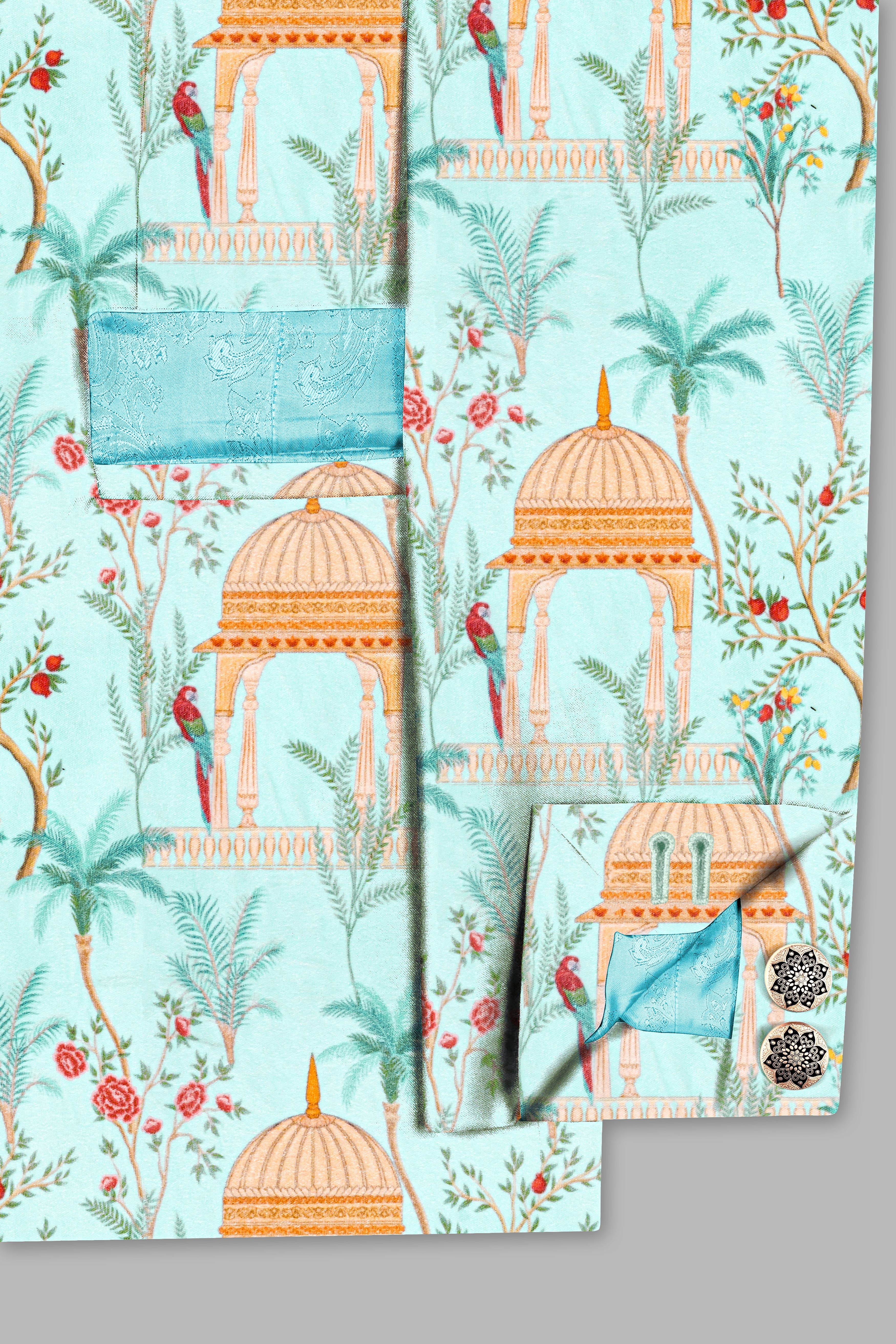 Mint Tulip Blue And Maize Orange Velvet Mughal garden arch Printed Bandhgala Jodhpuri