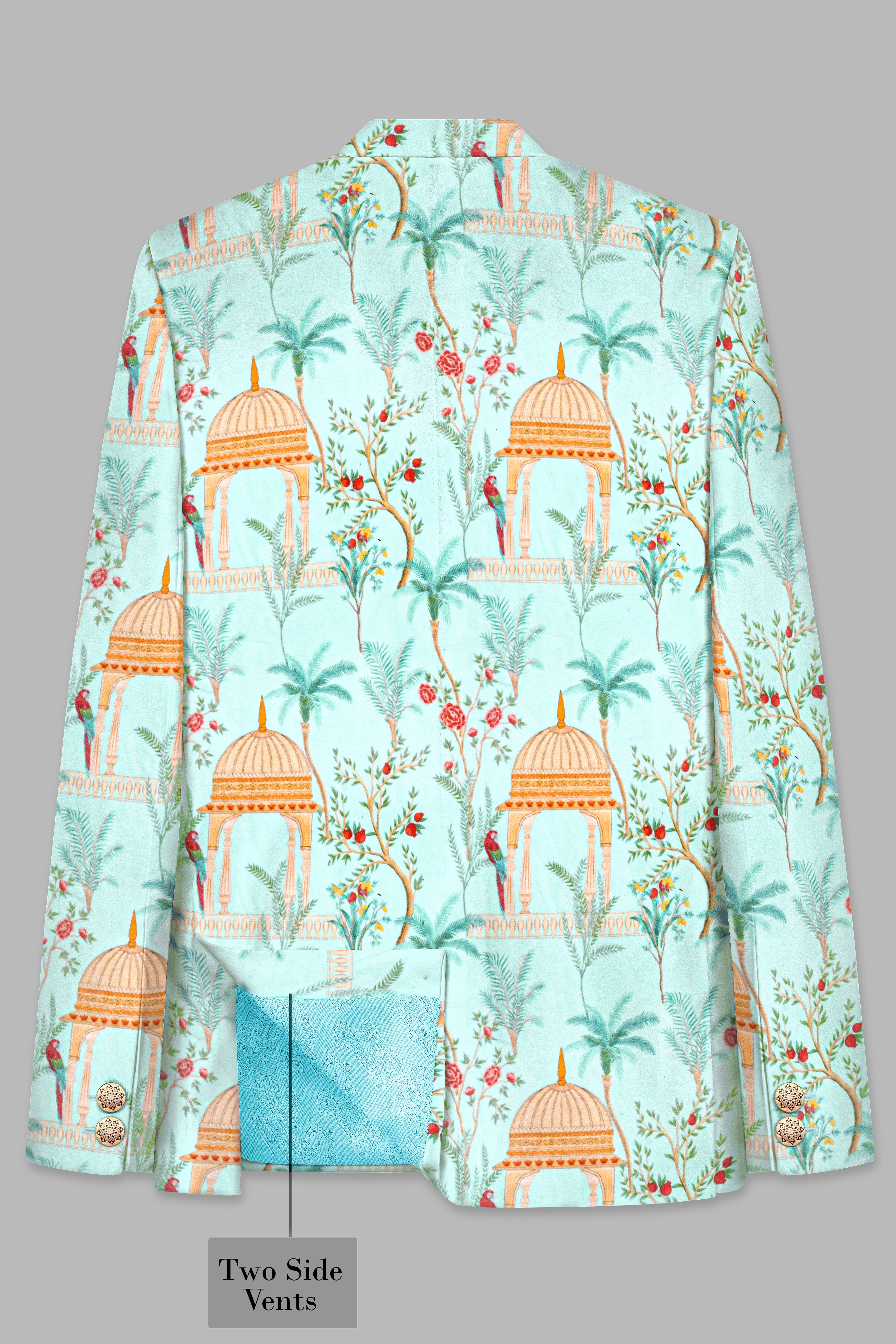 Mint Tulip Blue And Maize Orange Velvet Mughal garden arch Printed Bandhgala Jodhpuri