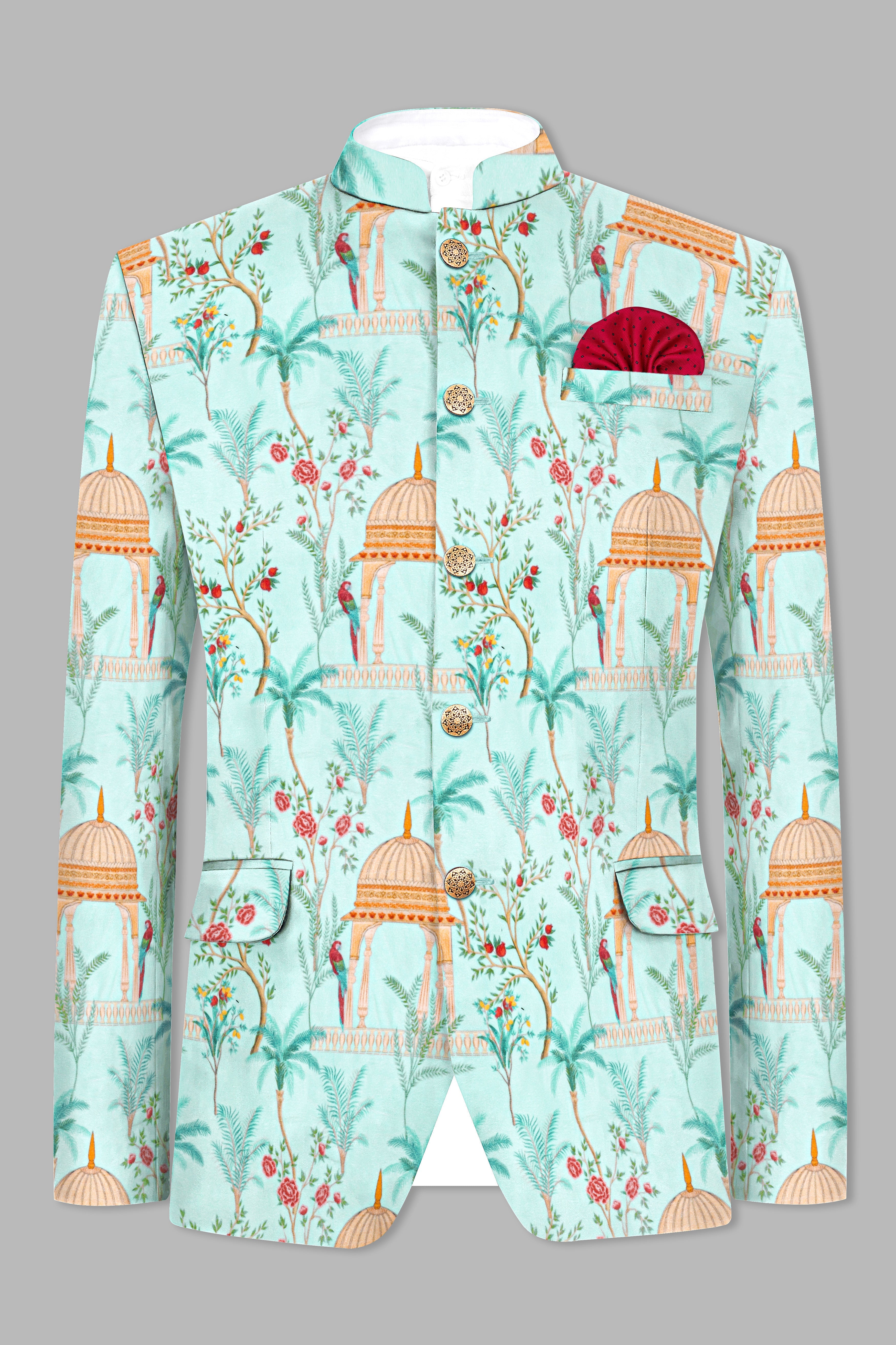 Mint Tulip Blue And Maize Orange Velvet Mughal garden arch Printed Bandhgala Jodhpuri