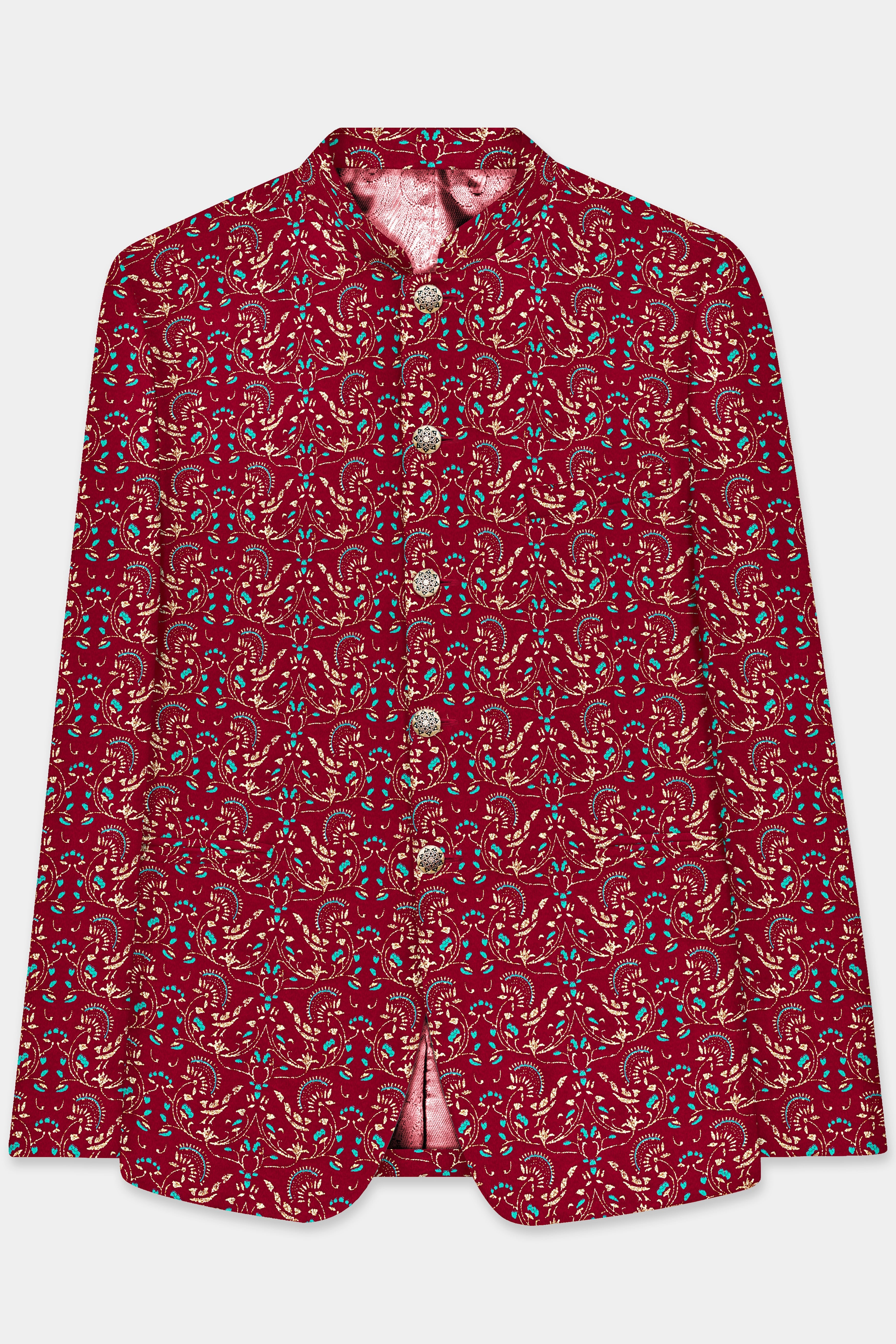 Claret Red And Aqua Marine Blue Velvet Printed Designer Bandhgala Jodhpuri