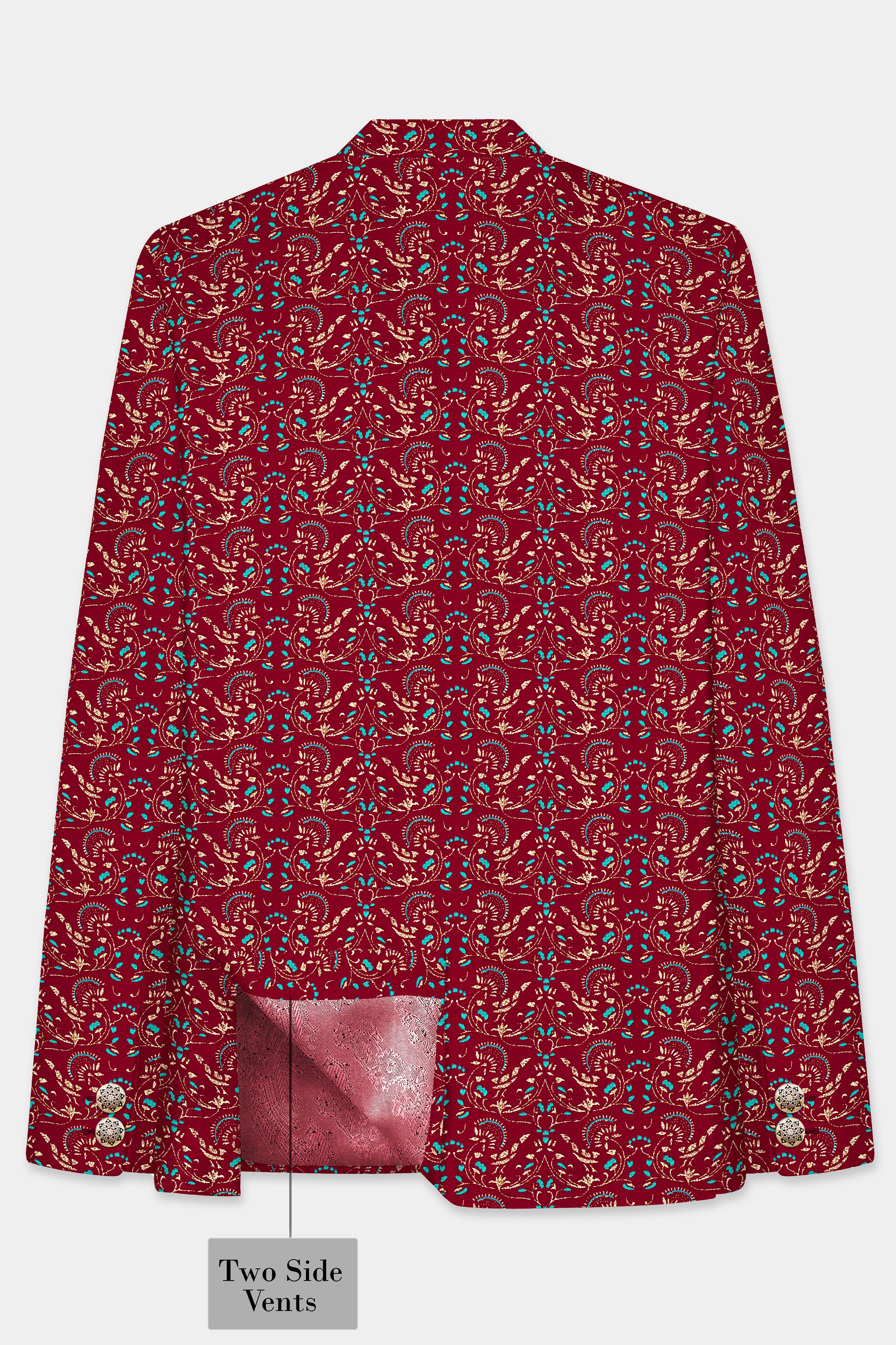 Claret Red And Aqua Marine Blue Velvet Printed Designer Bandhgala Jodhpuri