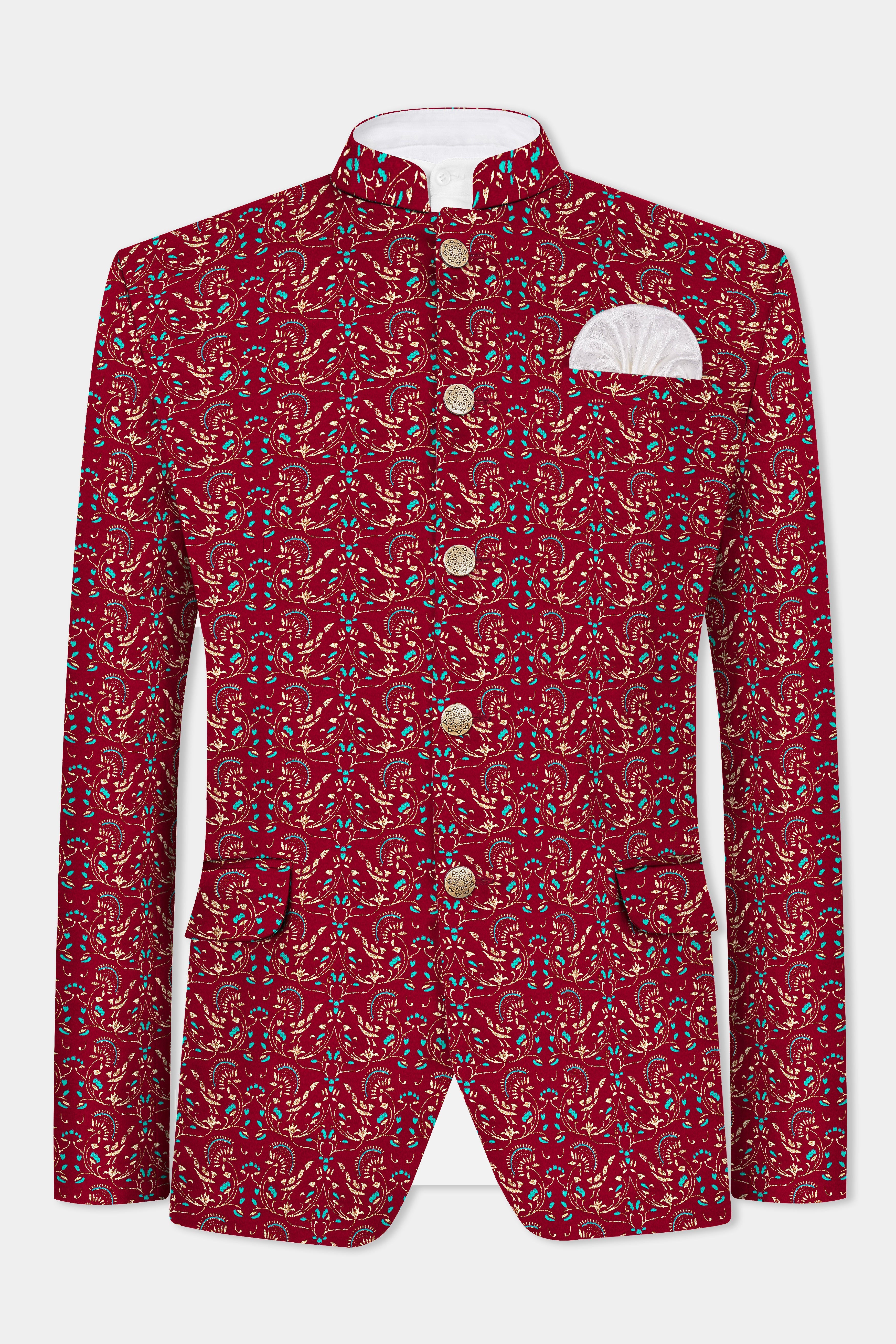 Claret Red And Aqua Marine Blue Velvet Printed Designer Bandhgala Jodhpuri