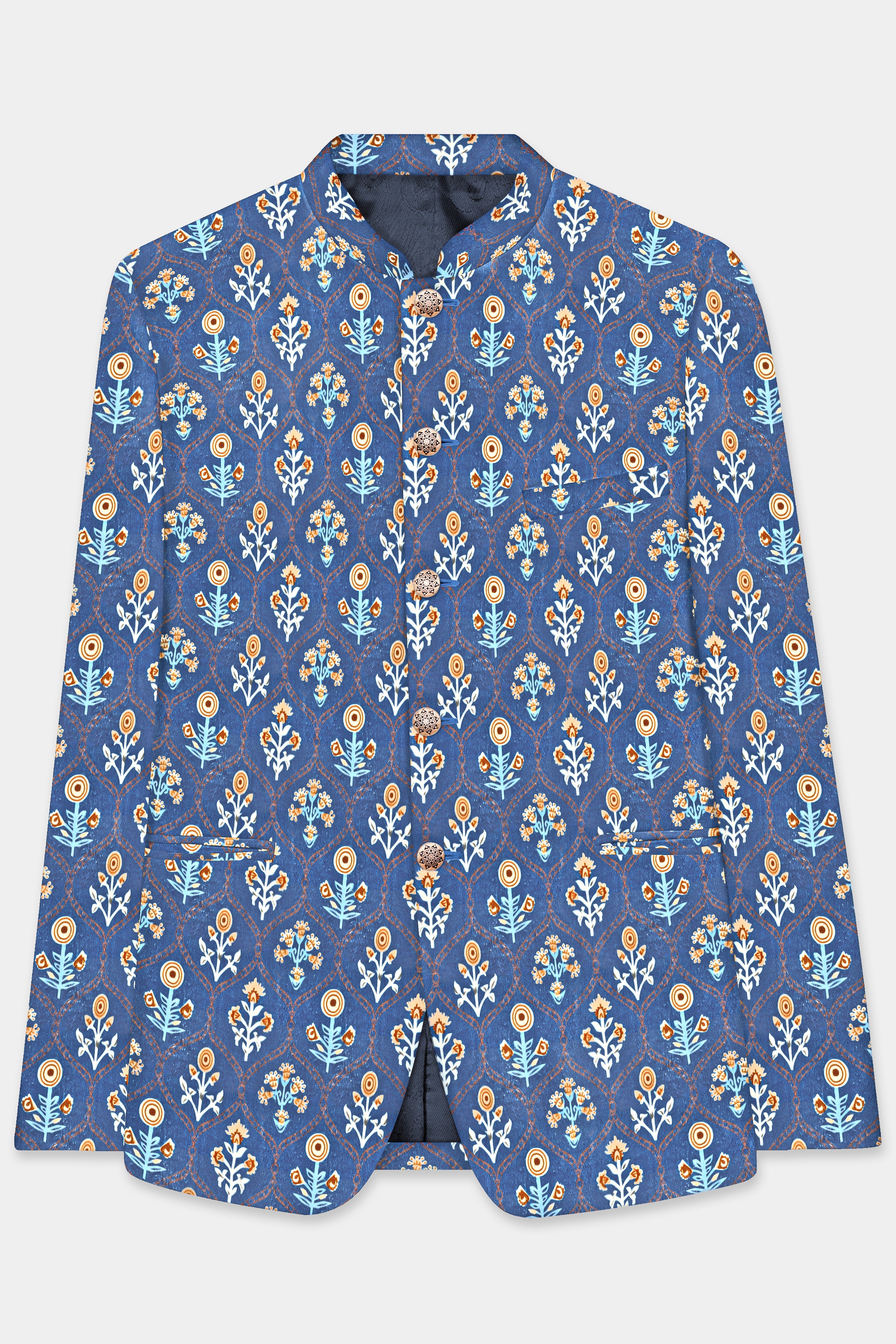 Tealish Blue And Peach Velvet Designer Printed Bandhgala Jodhpuri