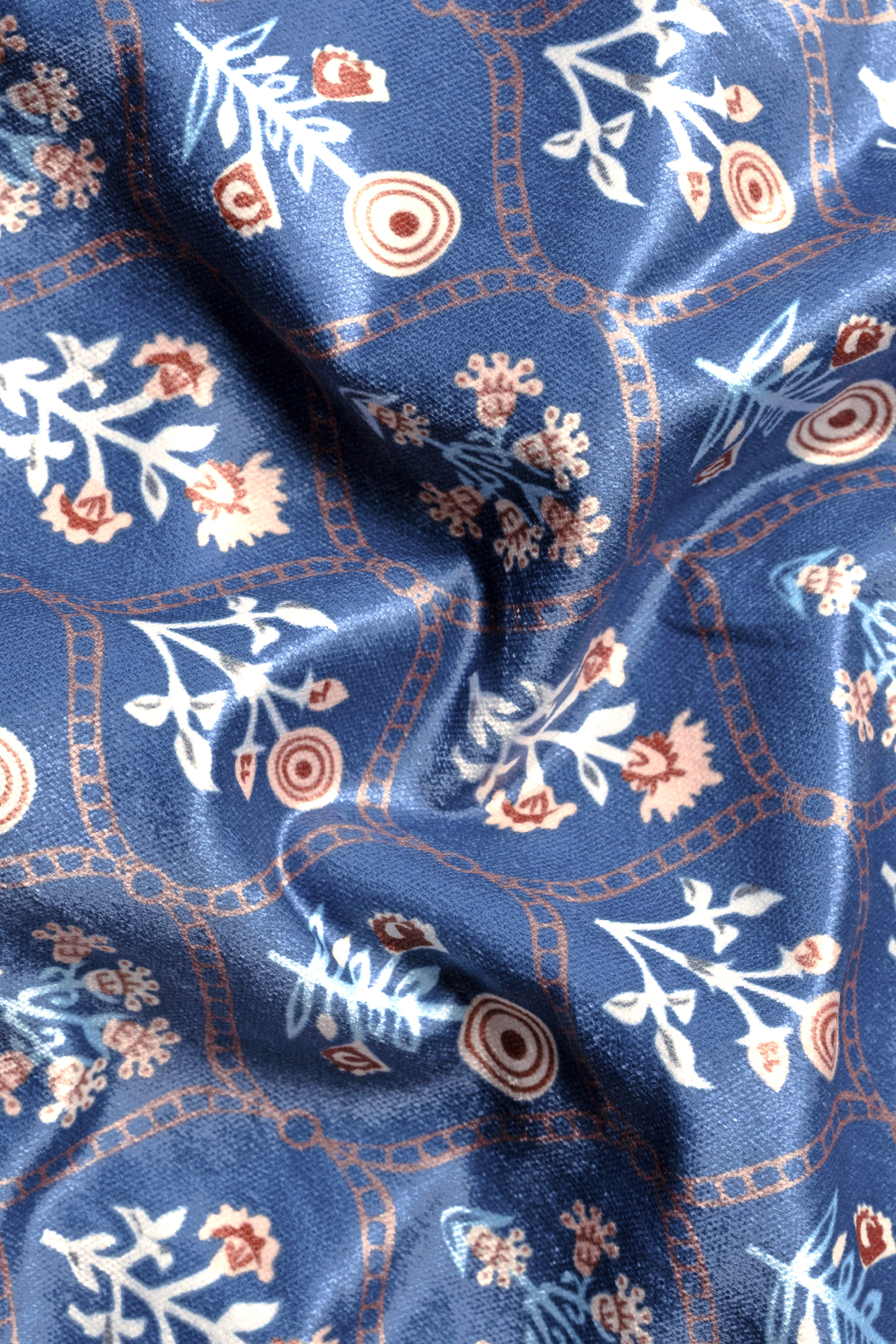 Tealish Blue And Peach Velvet Designer Printed Bandhgala Jodhpuri