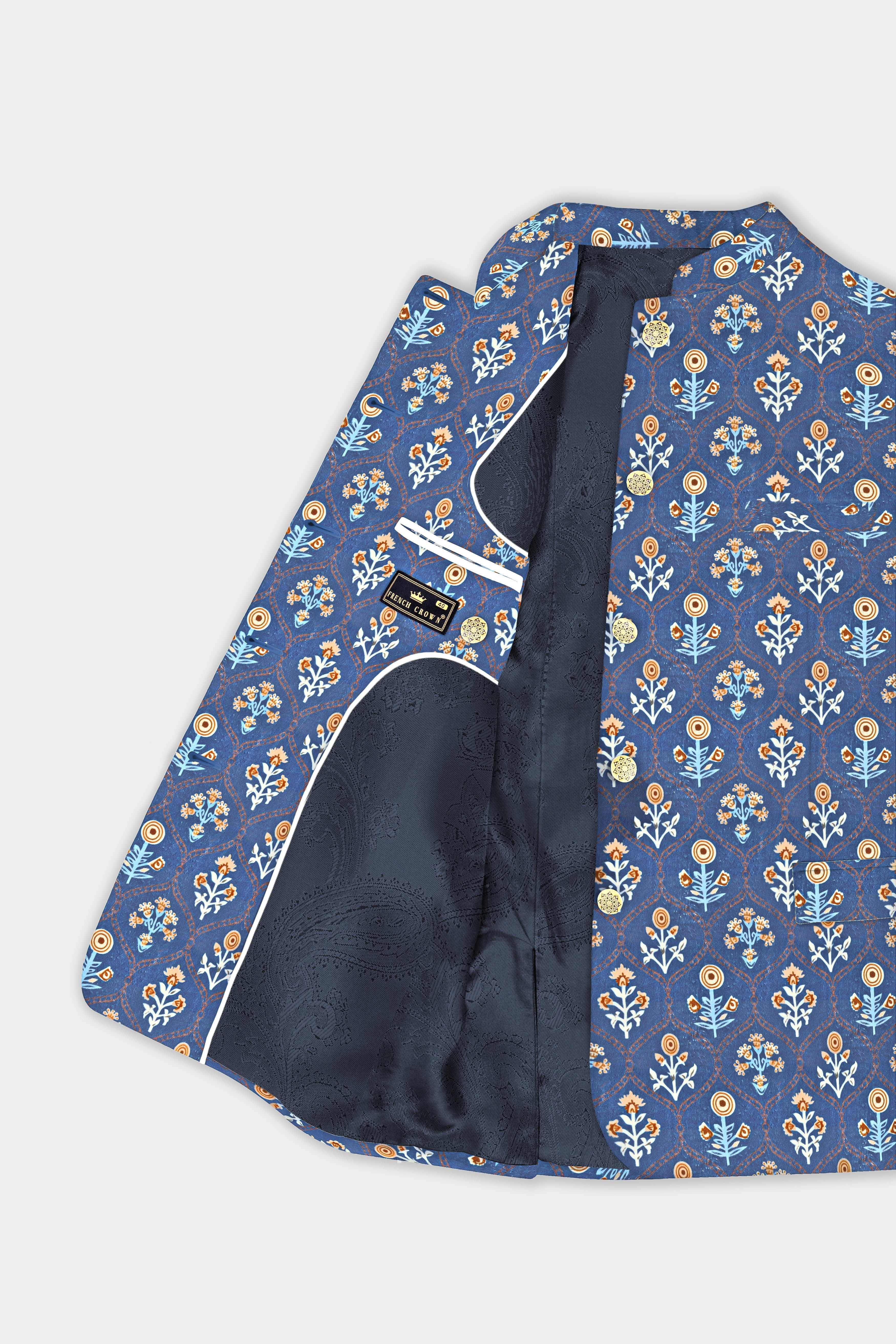 Tealish Blue And Peach Velvet Designer Printed Bandhgala Jodhpuri