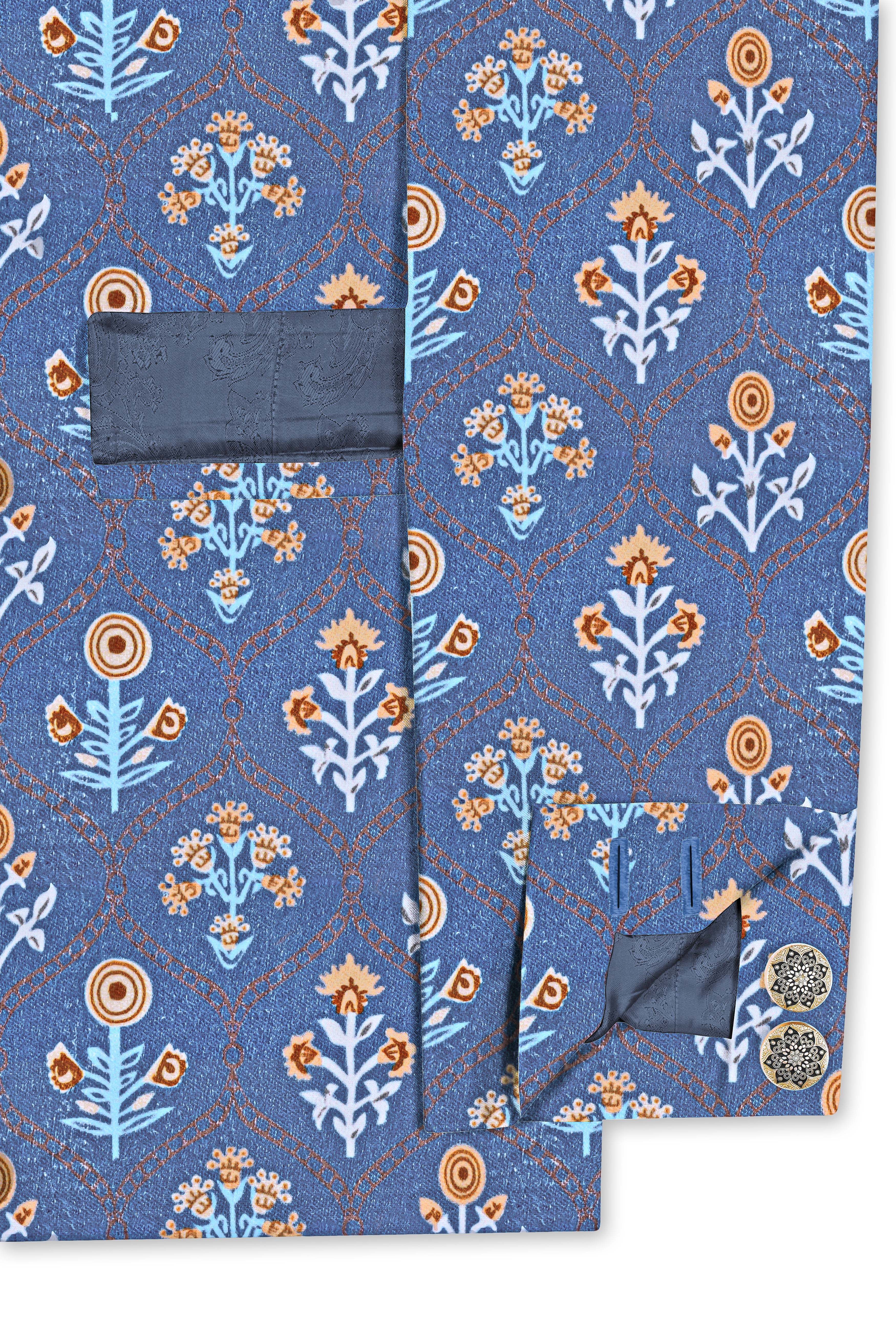 Tealish Blue And Peach Velvet Designer Printed Bandhgala Jodhpuri