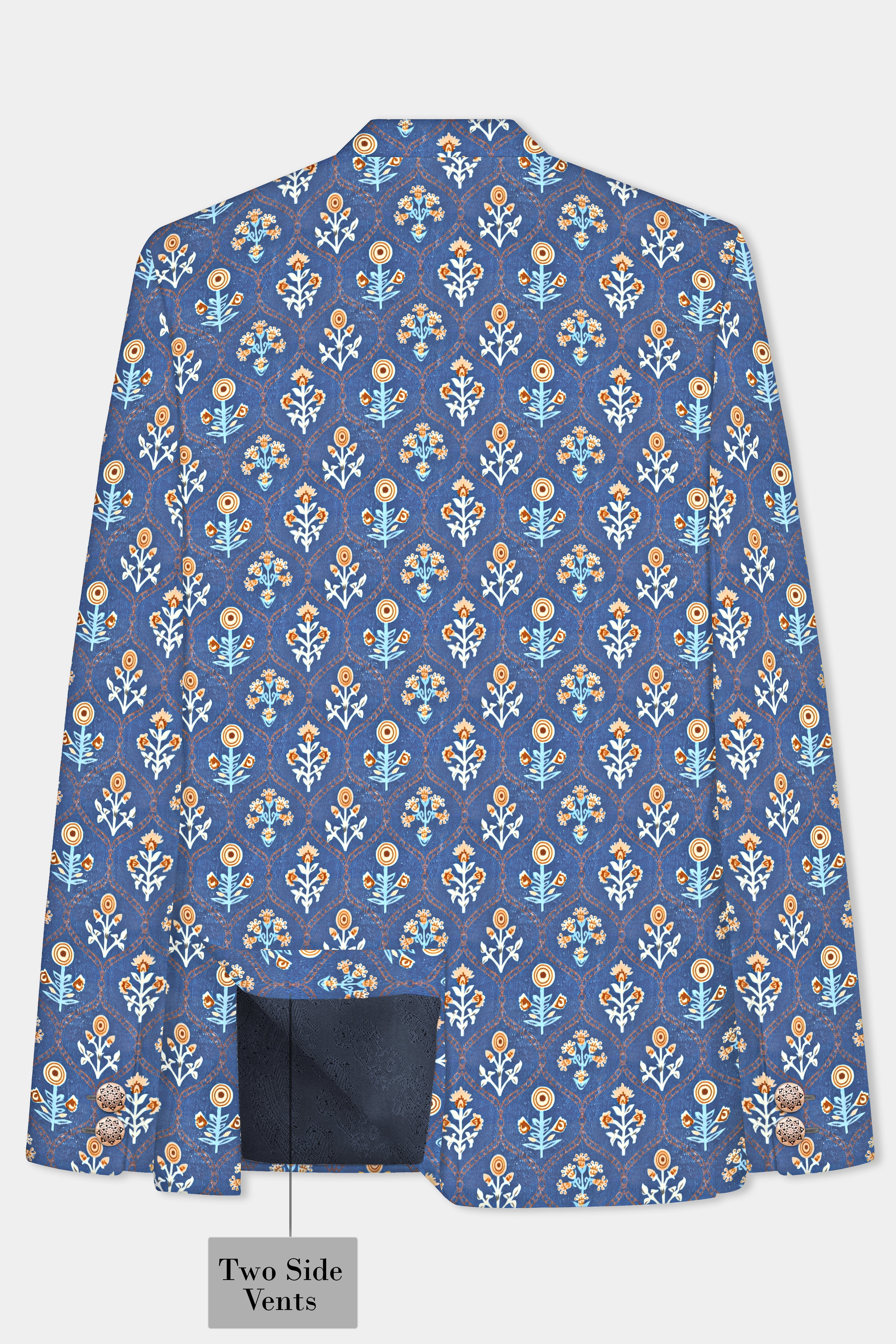 Tealish Blue And Peach Velvet Designer Printed Bandhgala Jodhpuri