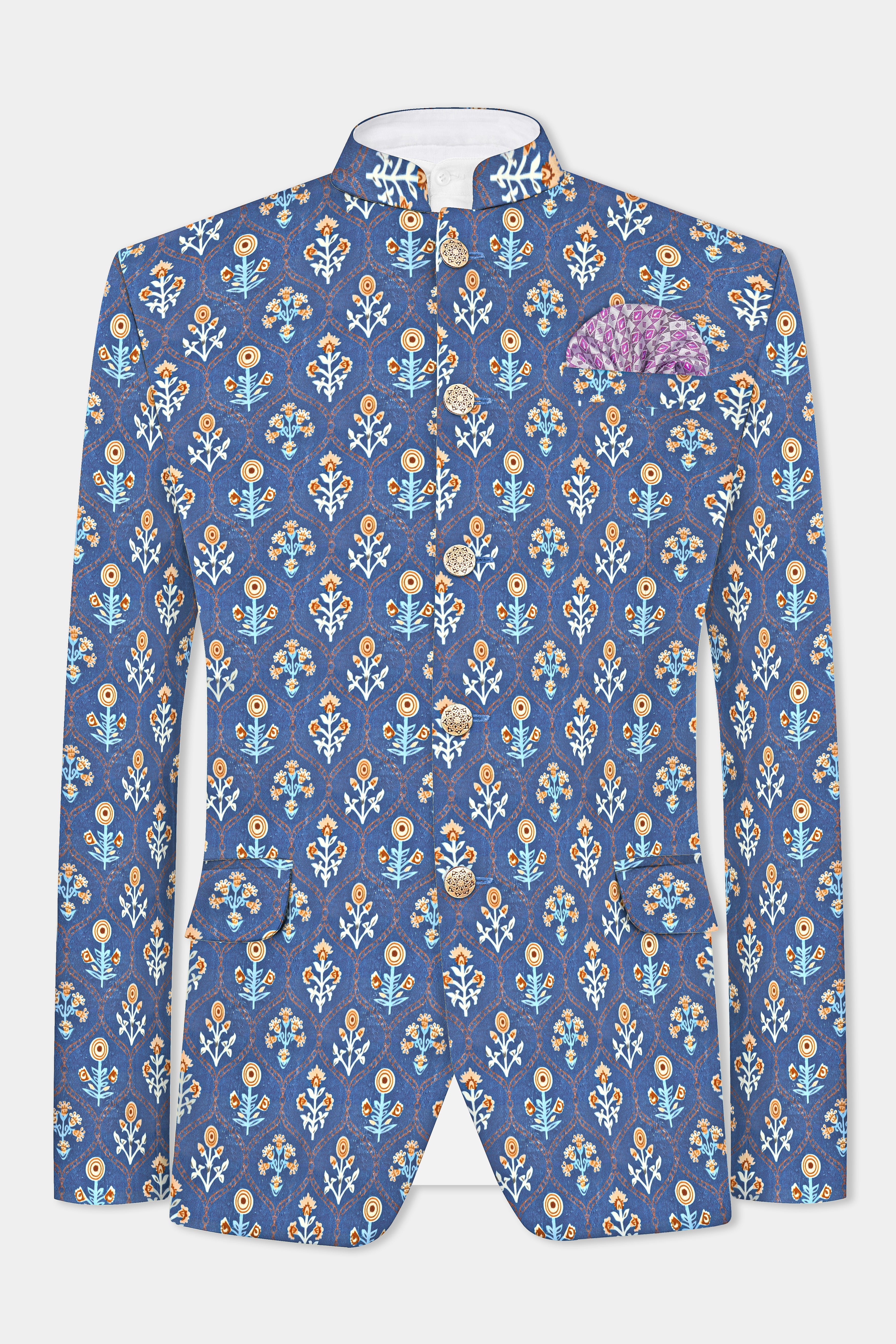 Tealish Blue And Peach Velvet Designer Printed Bandhgala Jodhpuri