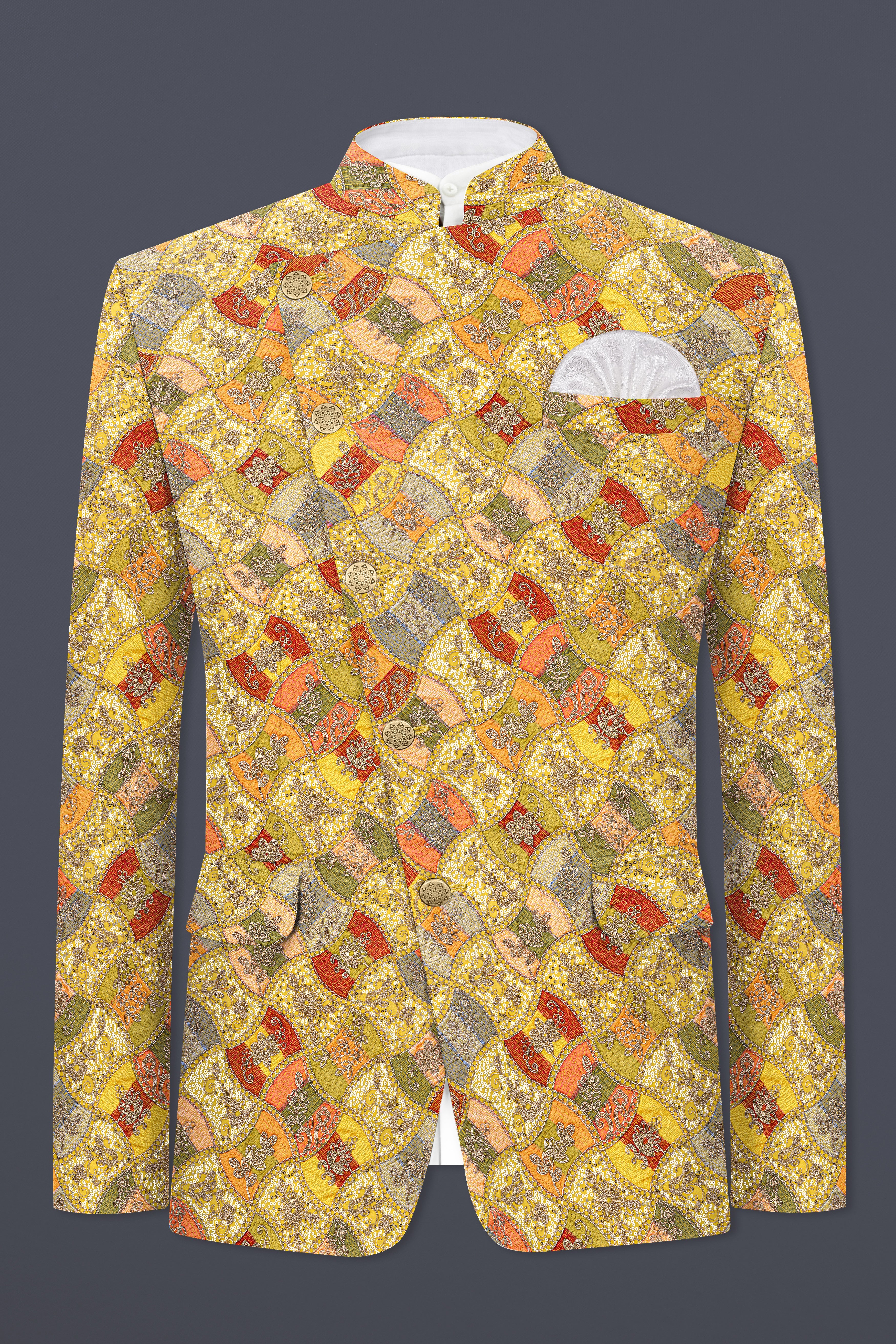 Leamon Yellow and Multicolor Embroidery Printed Cross Placket Bandhgala Jodhpuri