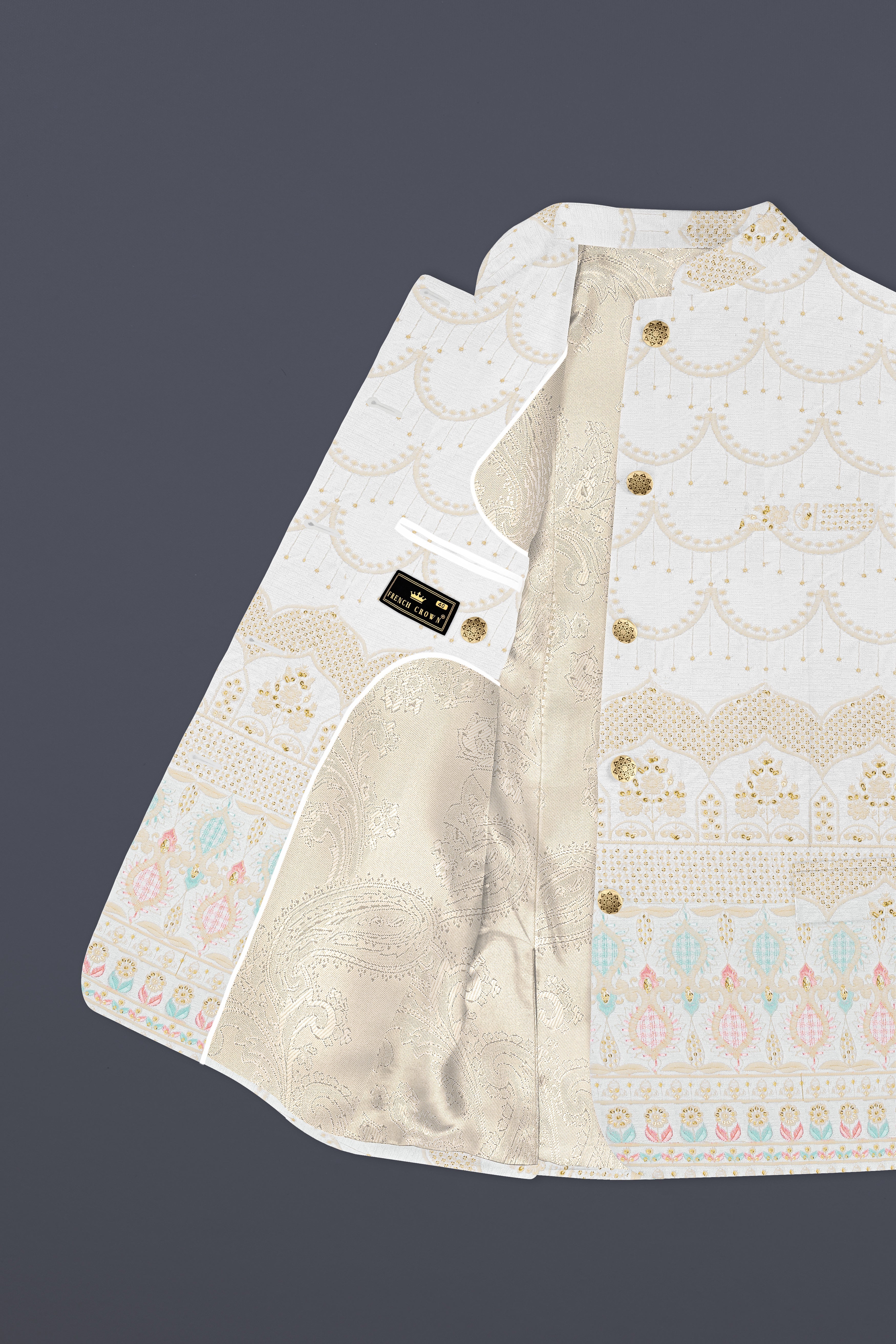 Off White And Oriental Pink Sequins Embroidered Bandhgala Jodhpuri
