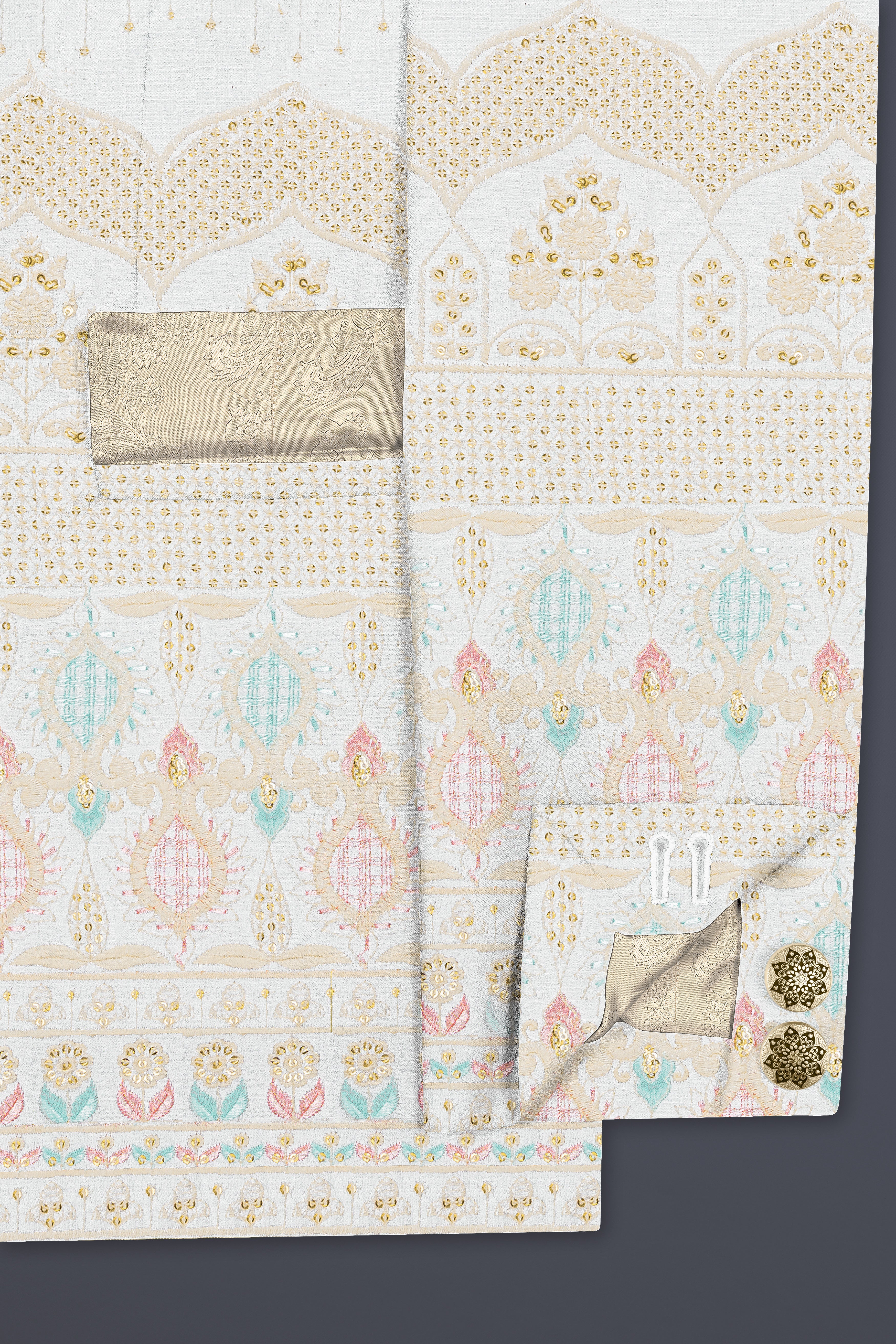 Off White And Oriental Pink Sequins Embroidered Bandhgala Jodhpuri