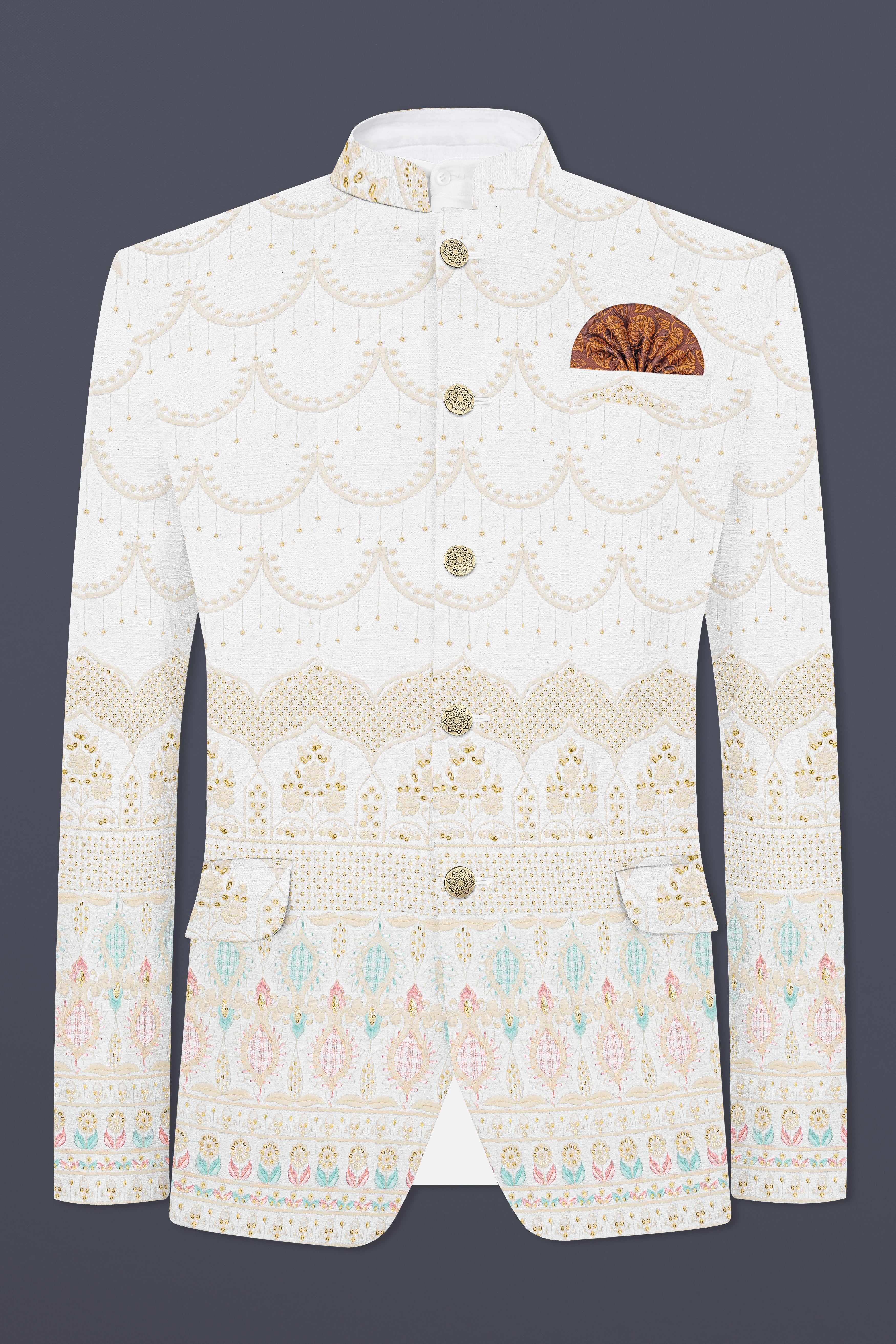 Off White And Oriental Pink Sequins Embroidered Bandhgala Jodhpuri