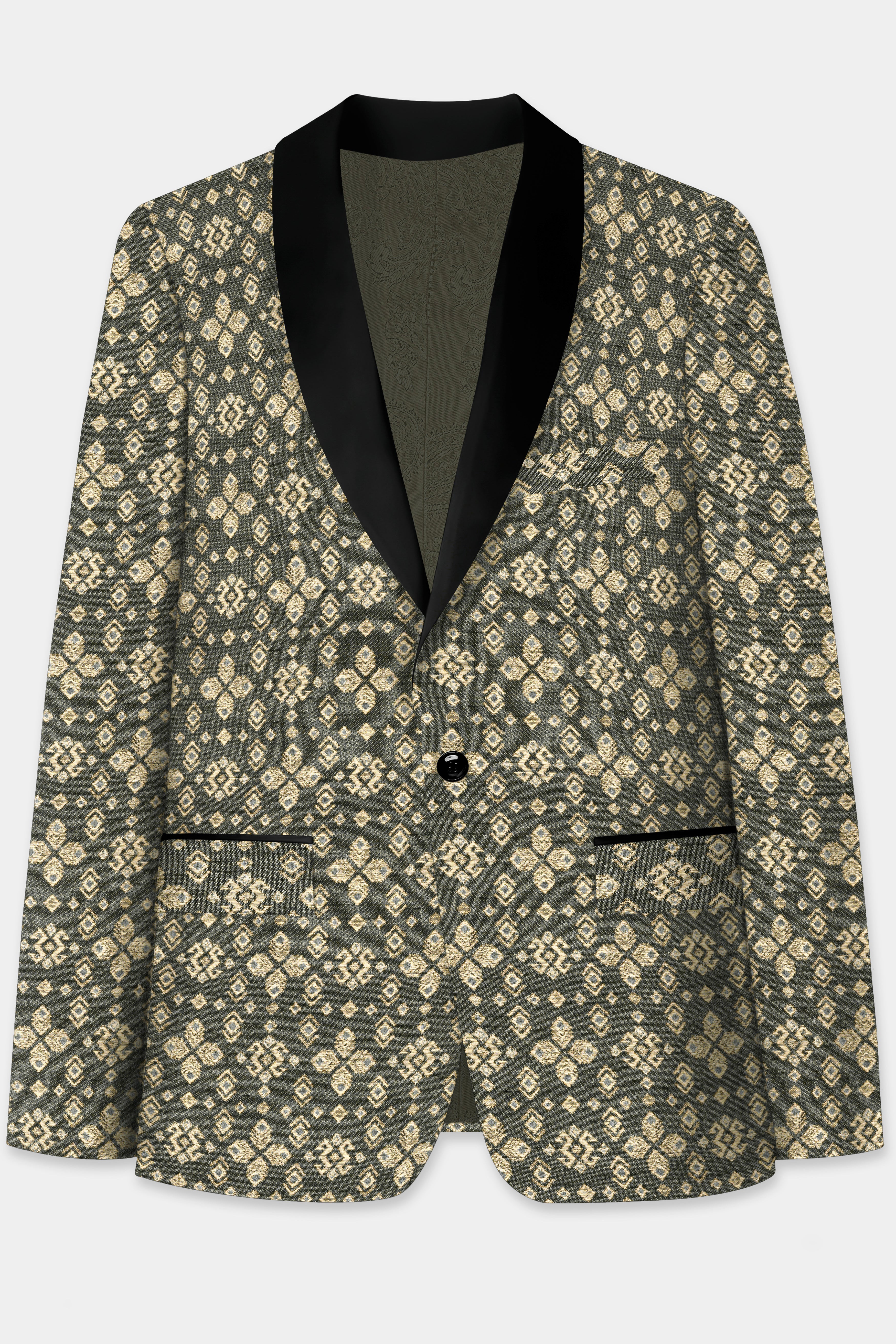 Kelp Green and Fawn Brown Jacquard Weave Tuxedo Blazer BL3701-BKL-36, BL3701-BKL-38, BL3701-BKL-40, BL3701-BKL-42, BL3701-BKL-44, BL3701-BKL-46, BL3701-BKL-48, BL3701-BKL-50, BL3701-BKL-52, BL3701-BKL-54, BL3701-BKL-56, BL3701-BKL-58, BL3701-BKL-60