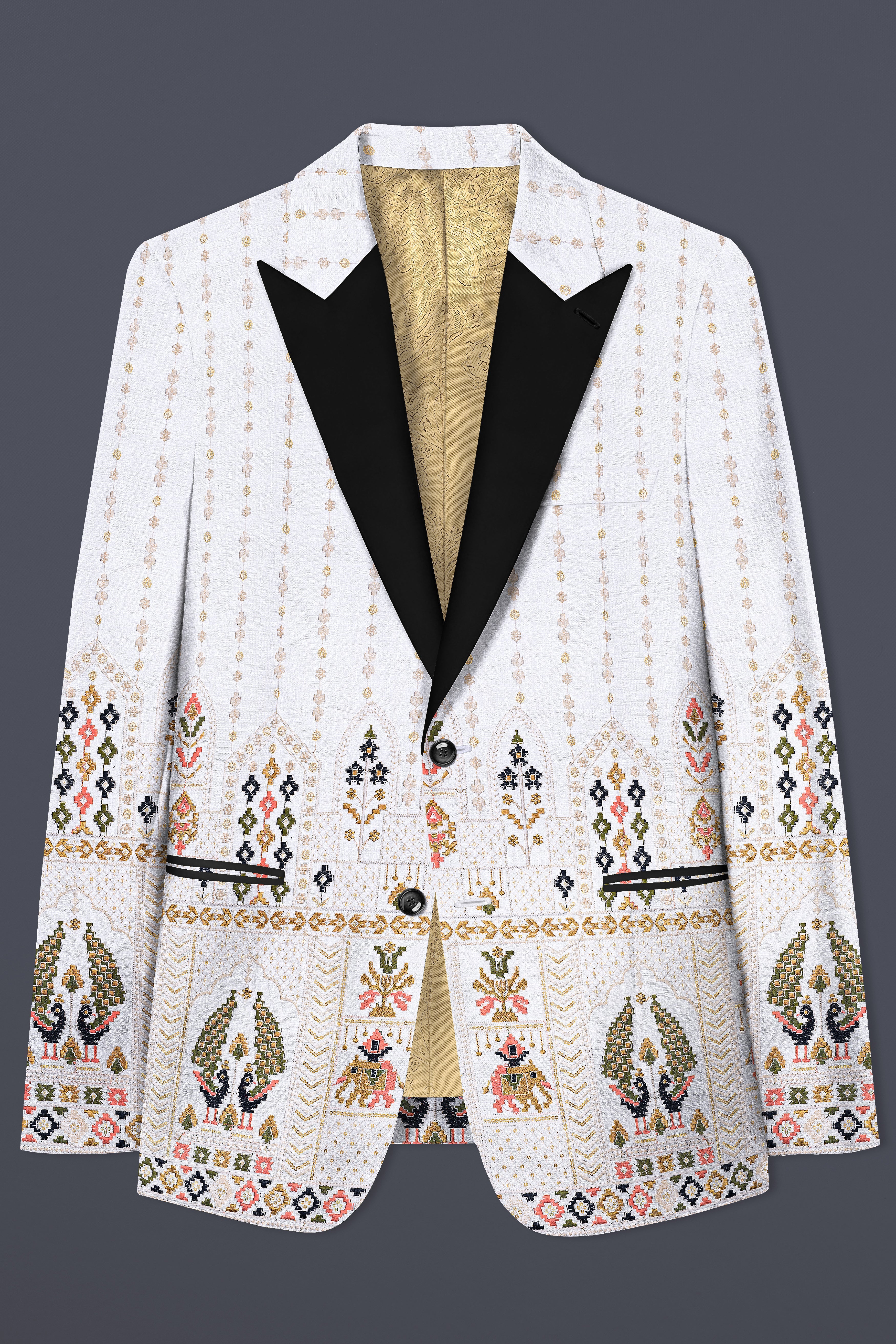 Off White Multicolor Sequin and thread Embroidered Peak Lapel Tuxedo Blazer