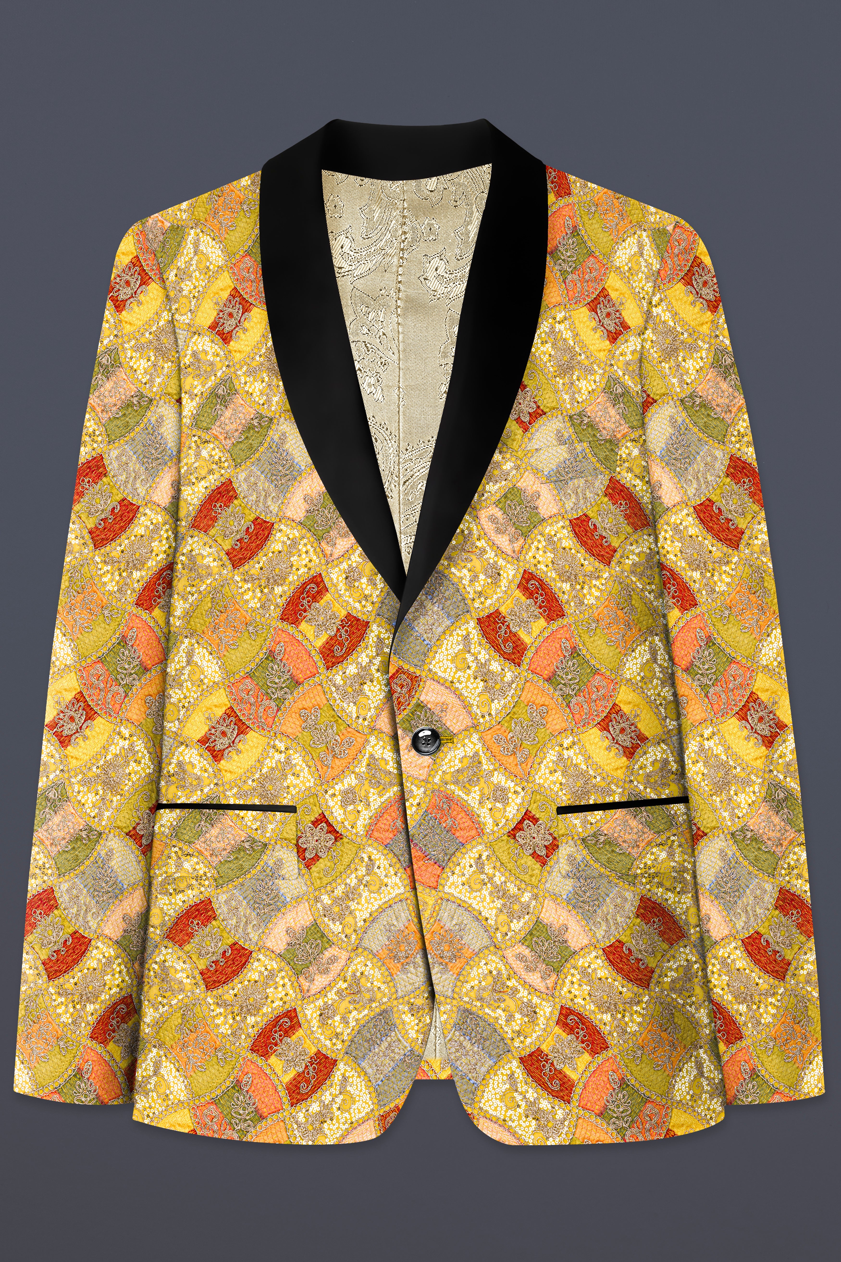 Leamon Yellow and Multicolor Embroidery Printed Tuxedo Blazer