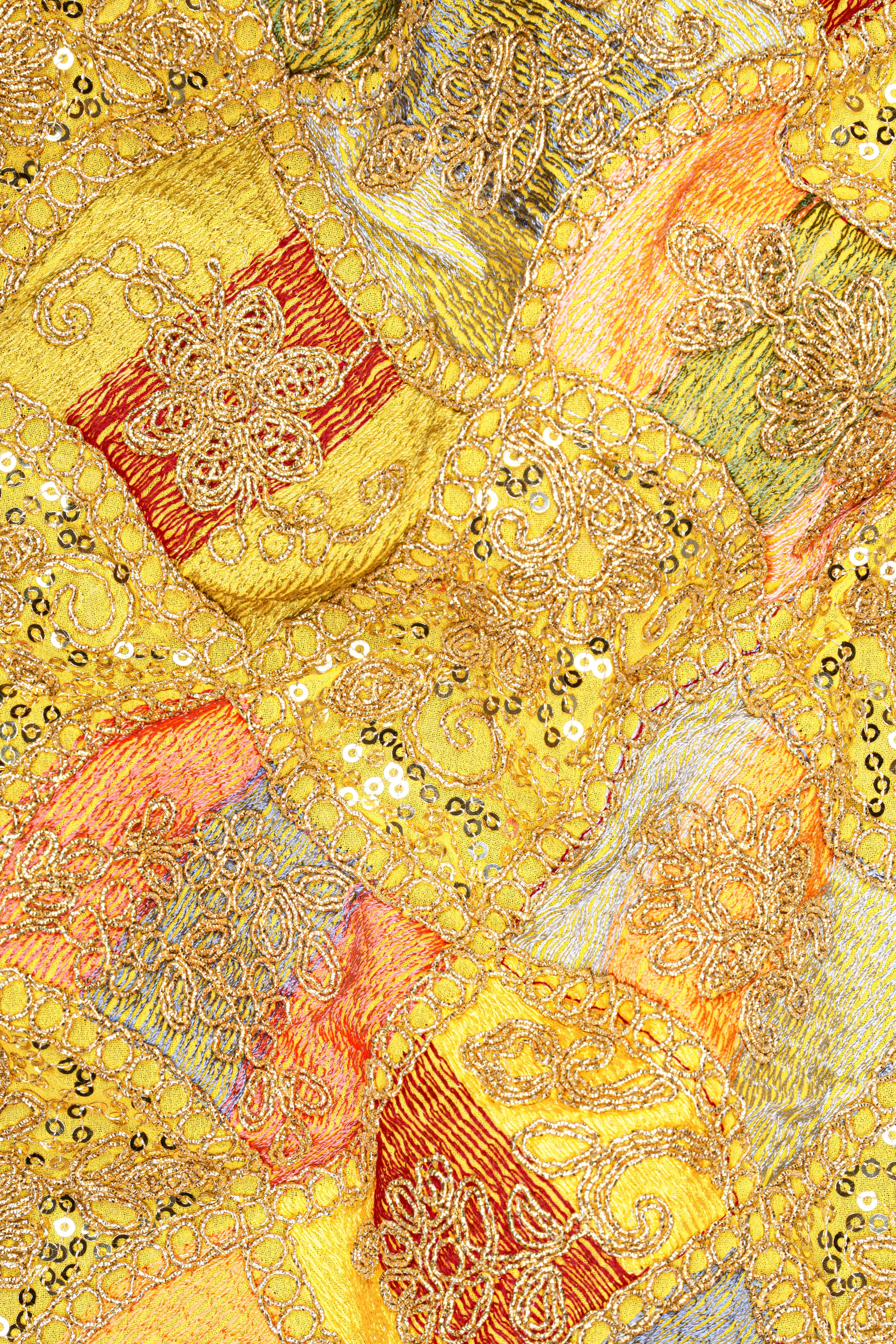 Leamon Yellow and Multicolor Embroidery Printed Tuxedo Blazer