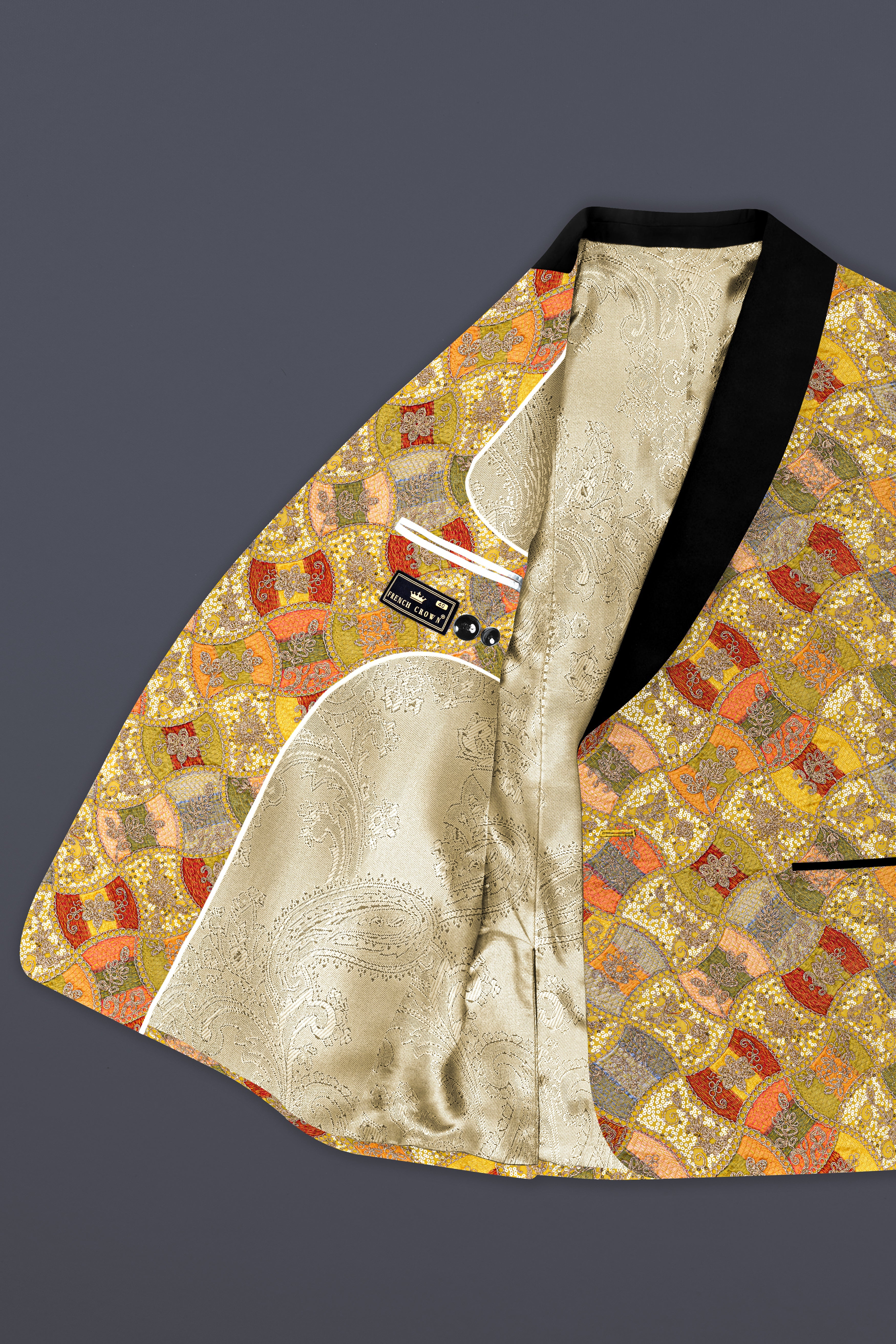 Leamon Yellow and Multicolor Embroidery Printed Tuxedo Blazer