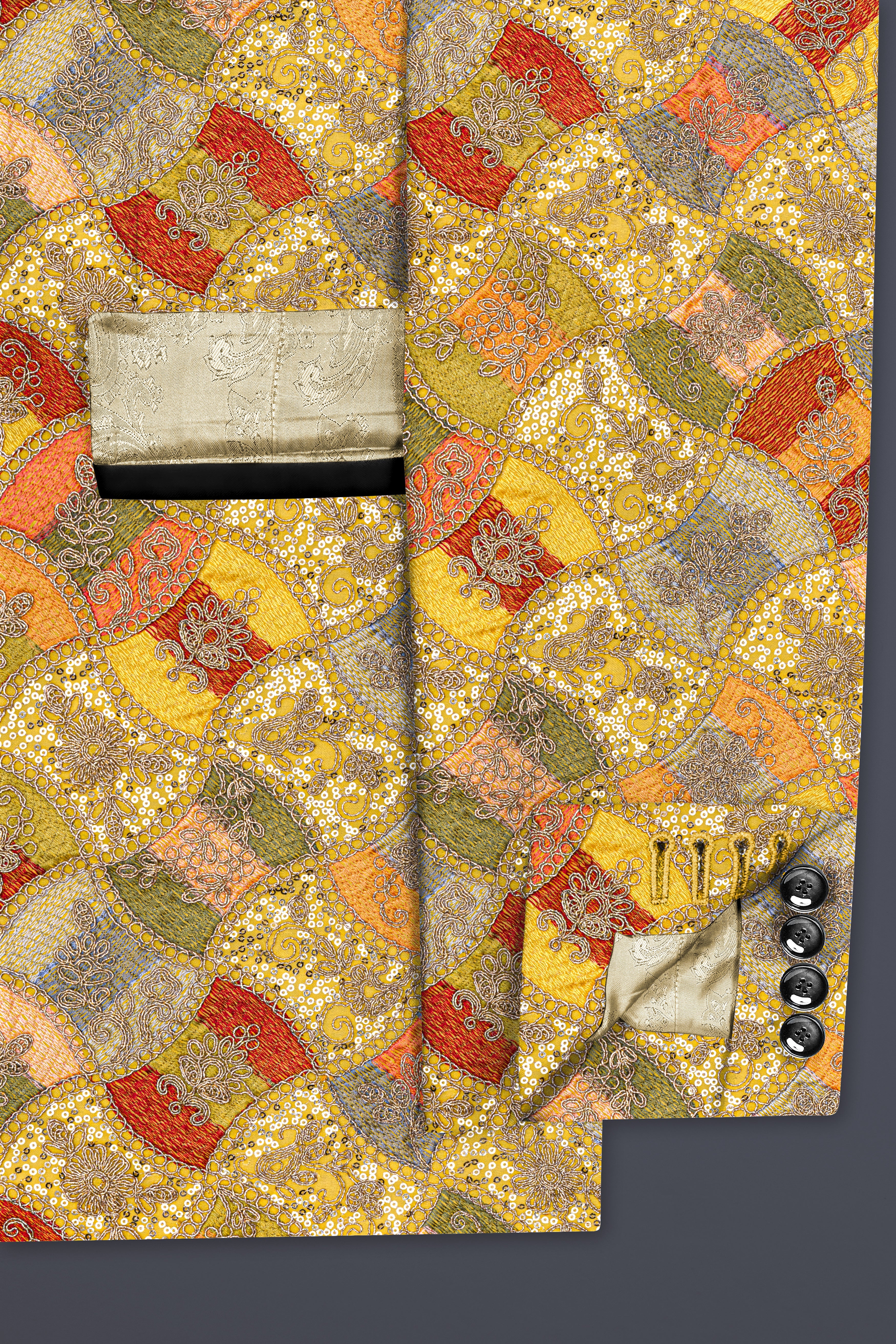 Leamon Yellow and Multicolor Embroidery Printed Tuxedo Blazer