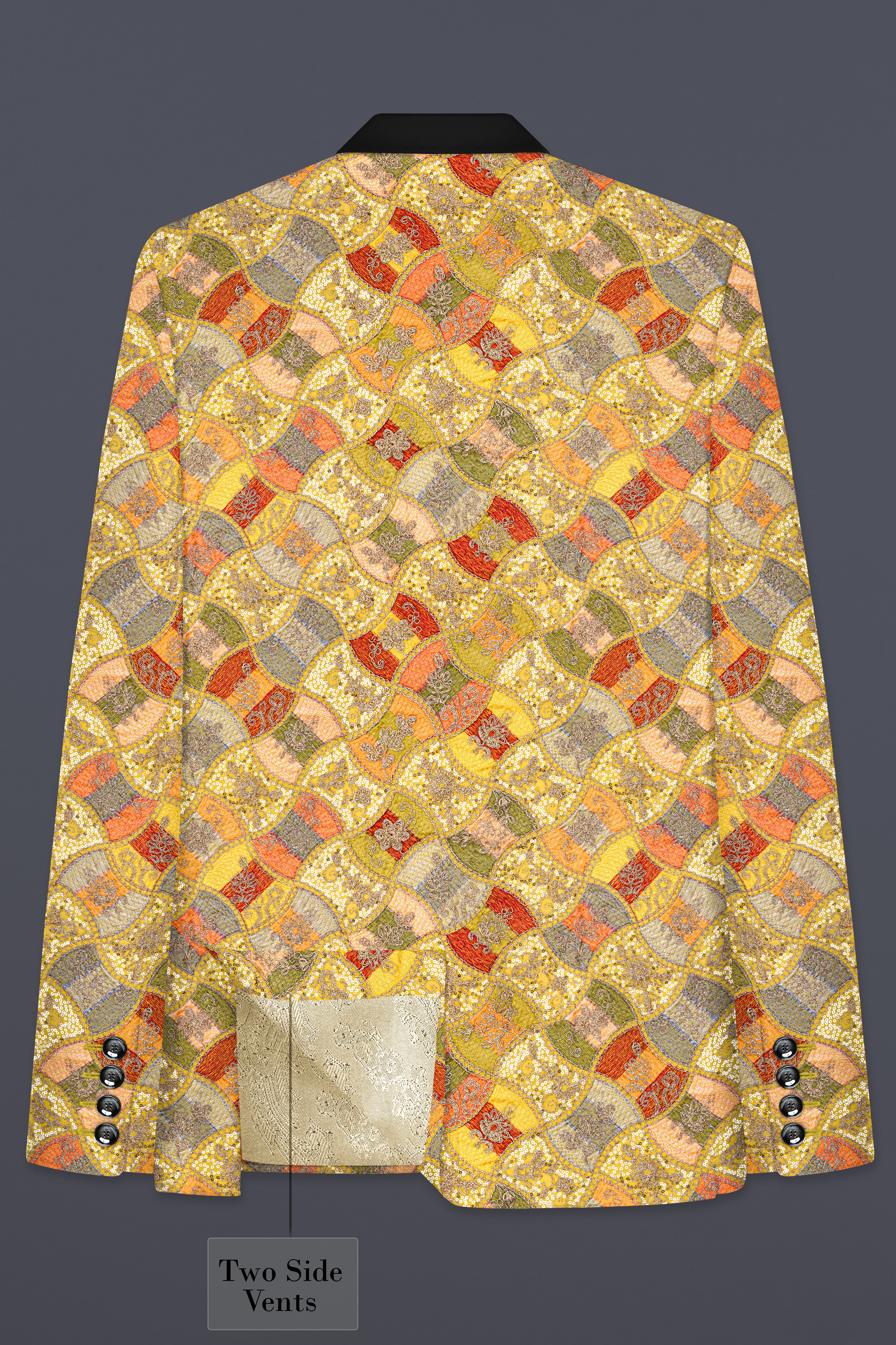 Leamon Yellow and Multicolor Embroidery Printed Tuxedo Blazer