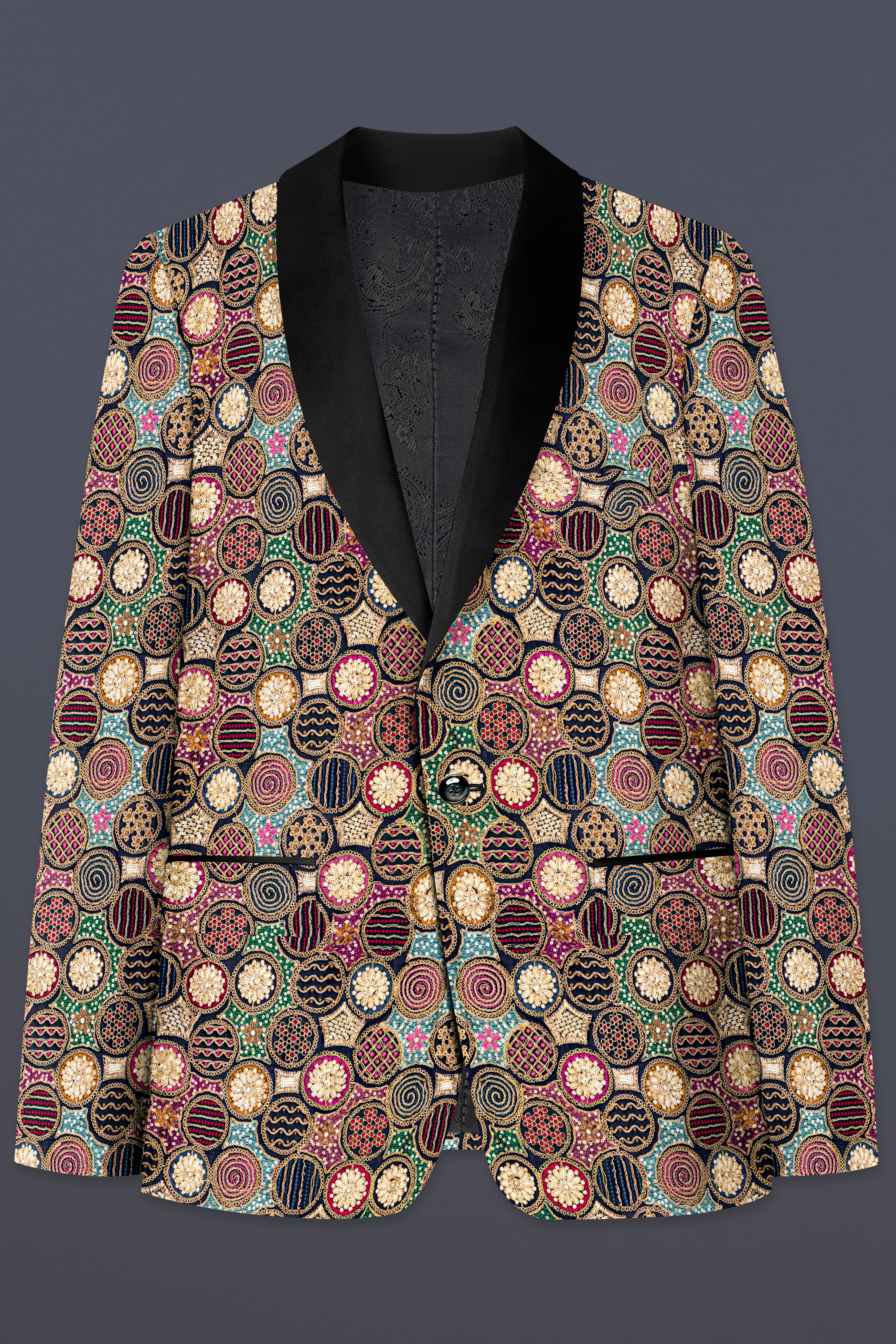 Black with Multicolor Heavy Embroidered Tuxedo Blazer