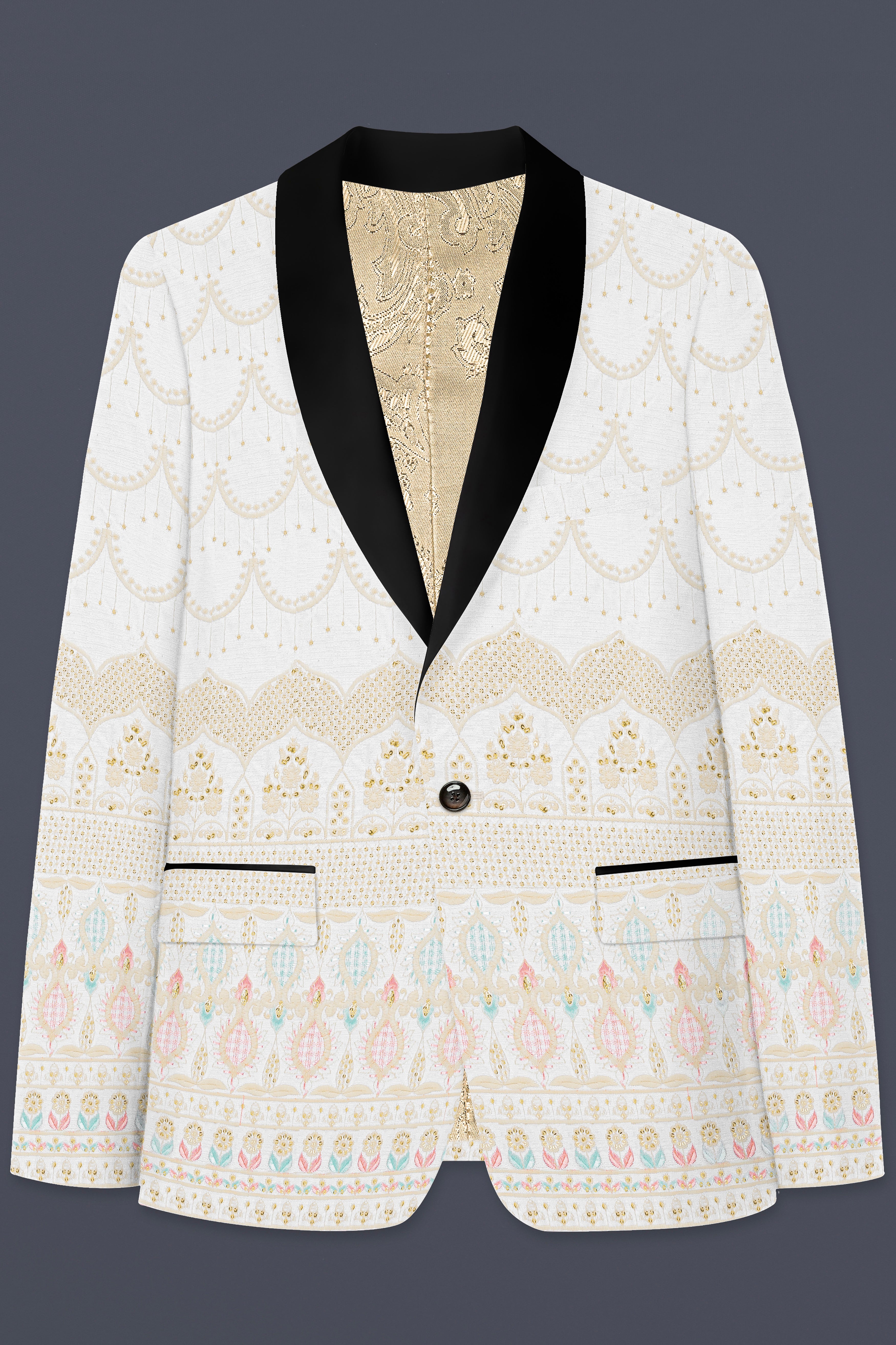 Off White And Oriental Pink Sequins Embroidered Tuxedo Blazer