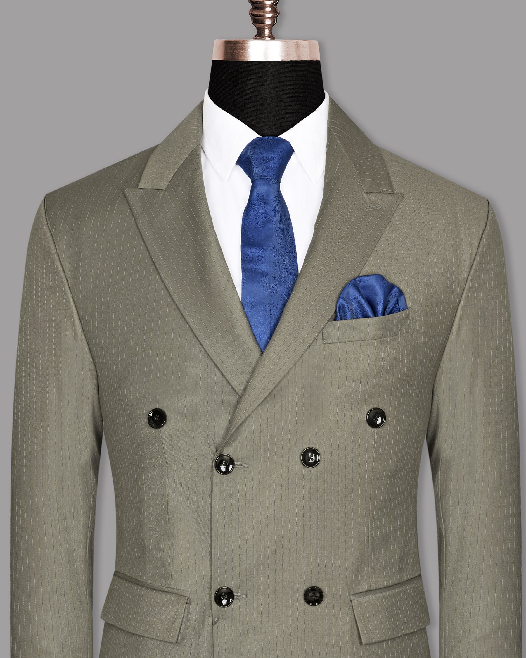 Silver Pinstriped Wool Blend Double Breasted Blazer Bl679DB-38, Bl679DB-36, Bl679DB-48, Bl679DB-40, Bl679DB-60, Bl679DB-56, Bl679DB-58, Bl679DB-42, Bl679DB-44, Bl679DB-46, Bl679DB-54, Bl679DB-50, Bl679DB-52