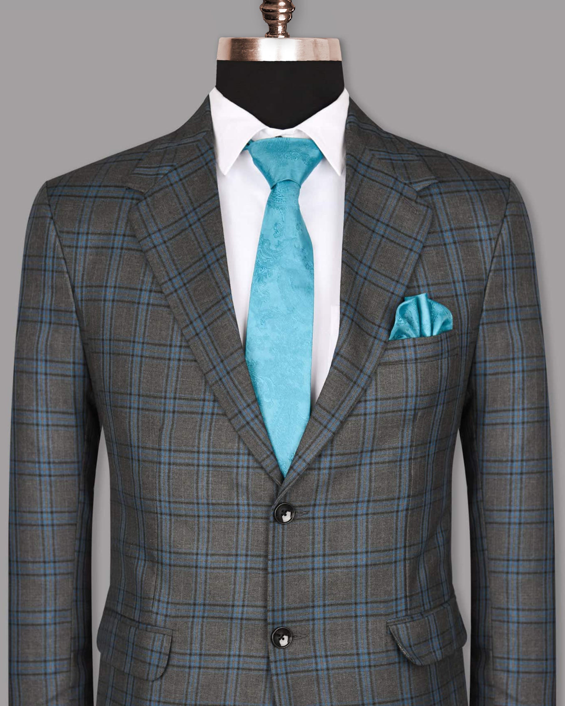 Ash Grey with Sky Checked Tweed Wool Blend Blazer BL762SB-36, BL762SB-60, BL762SB-38, BL762SB-40, BL762SB-44, BL762SB-58, BL762SB-42, BL762SB-50, BL762SB-52, BL762SB-56, BL762SB-46, BL762SB-48, BL762SB-54