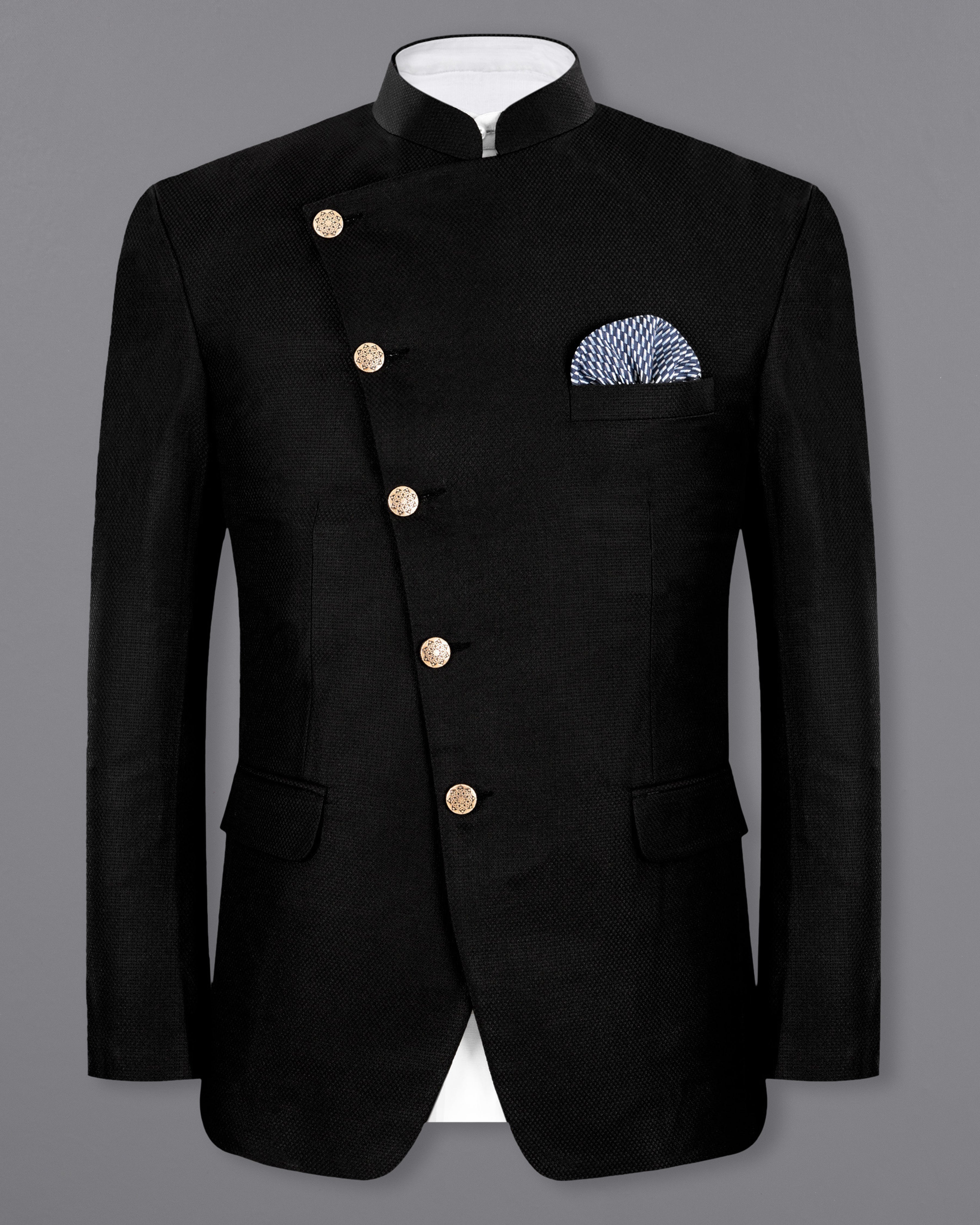 Jade black Diamond Textured Cross Placket Bandhgala/Mandarin Wool-Silk blend Blazer