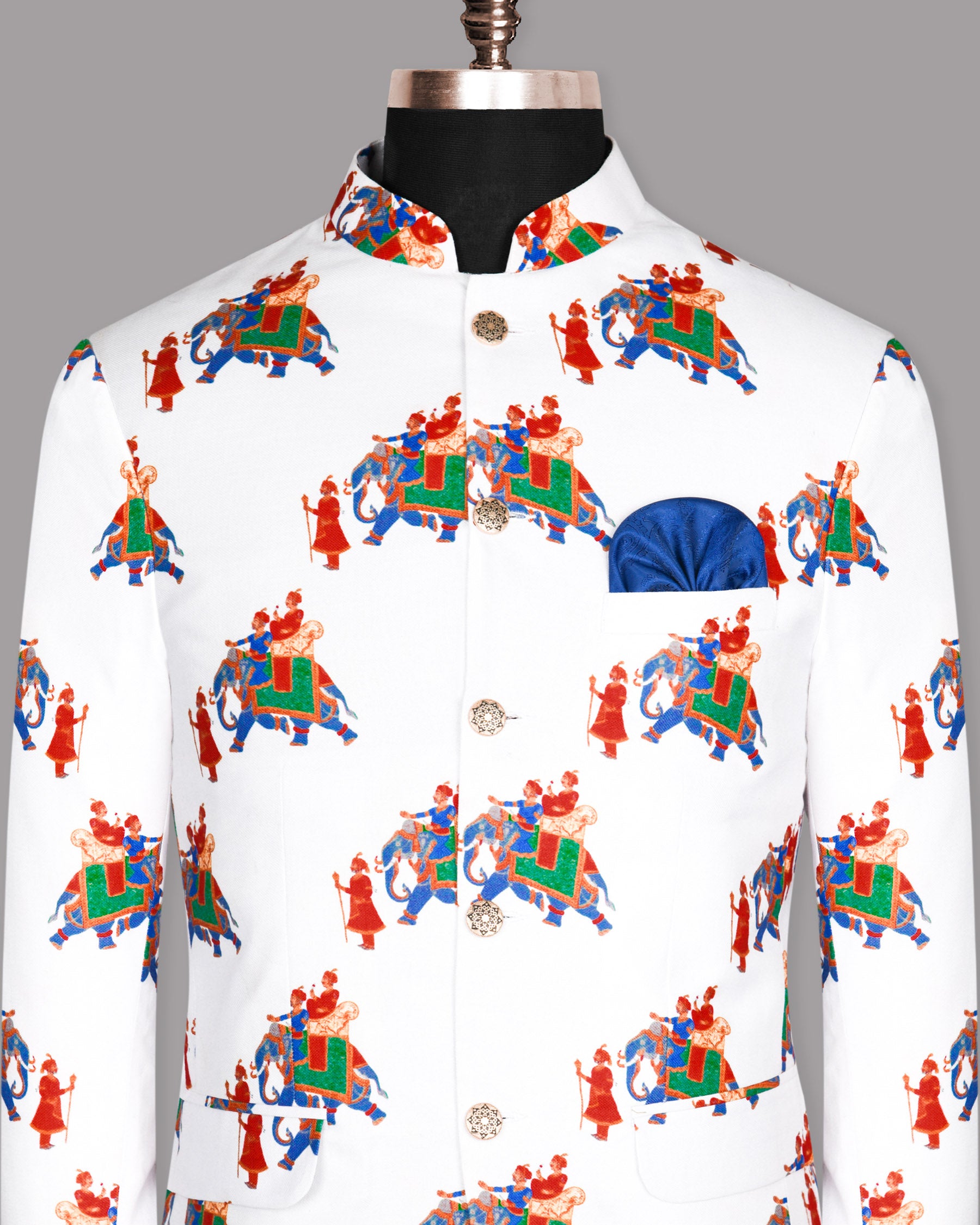 Bright White with Indian Traditional King and His Elephant Art Designer Mandarin Blazer BL876-BG-36, BL876-BG-46, BL876-BG-48, BL876-BG-50, BL876-BG-52, BL876-BG-54, BL876-BG-56, BL876-BG-38, BL876-BG-40, BL876-BG-60, BL876-BG-58, BL876-BG-42, BL876-BG-44