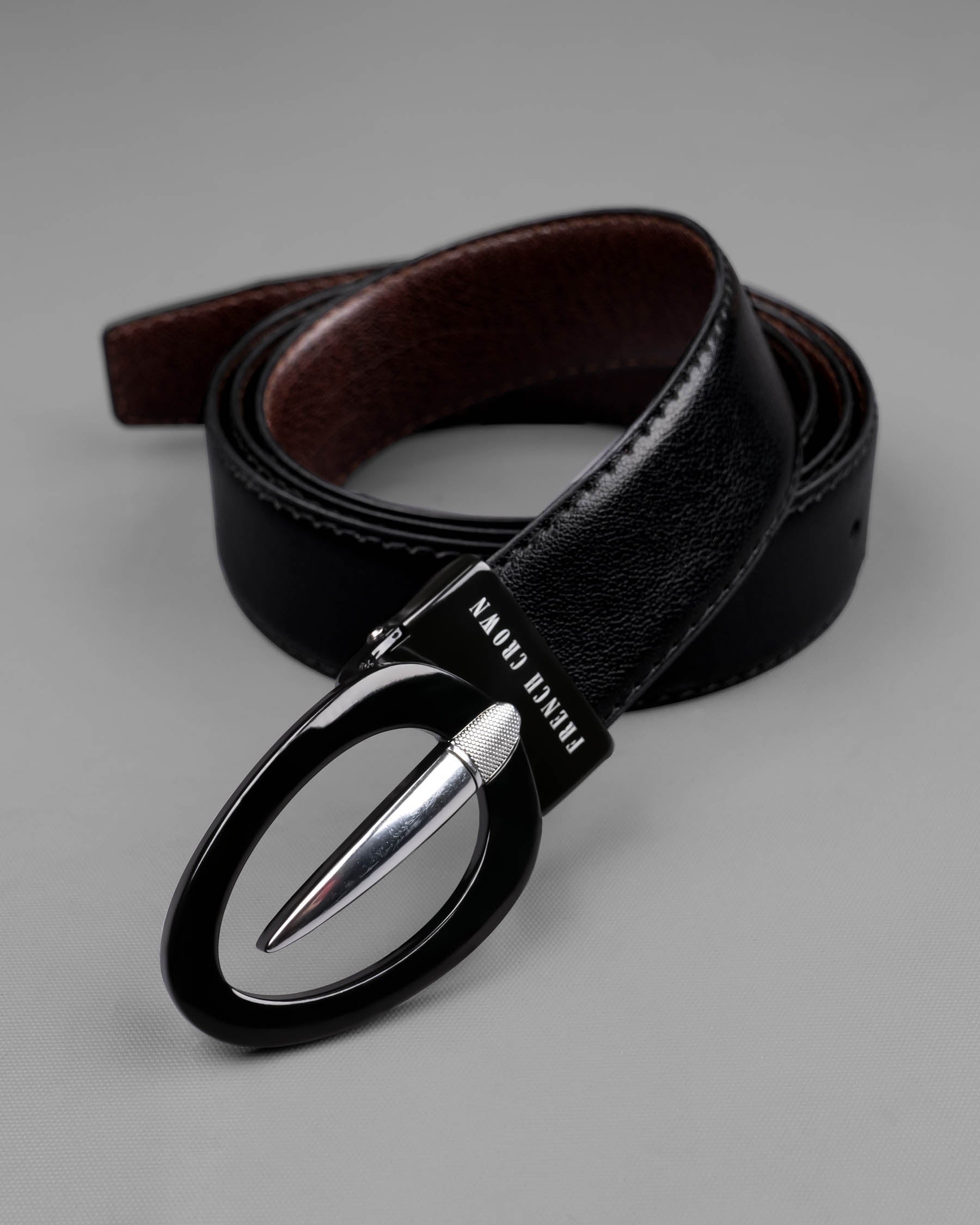 Glossy Black and Silver Oval buckled Reversible jade Black and Brown Slight Textured Vegan Leather Handcrafted Belt BT027-28, BT027-30, BT027-32, BT027-34, BT027-36, BT027-38