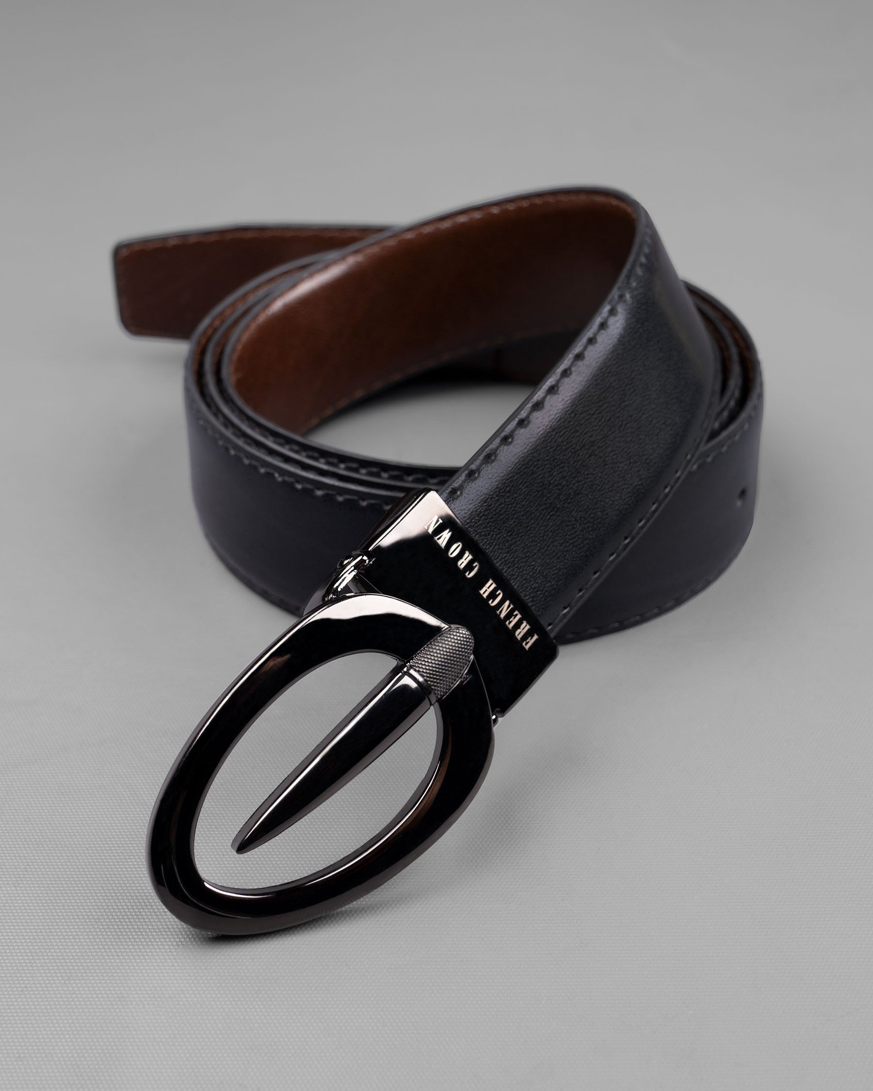 Glossy grey Oval buckled Reversible jade Black and tan Vegan Leather Handcrafted Belt BT030-28, BT030-30, BT030-32, BT030-34, BT030-36, BT030-38