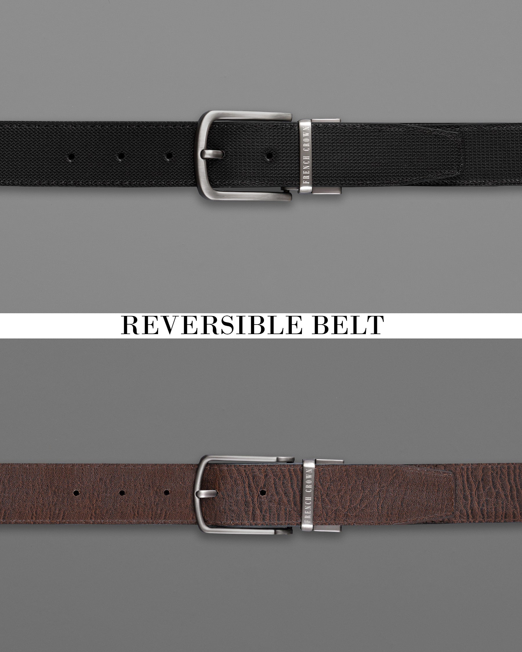 Silver Metallic Buckle Glossy Finish with Jade Black and Brown Leather Free Handcrafted Reversible Belt BT055-28, BT055-30, BT055-32, BT055-34, BT055-36, BT055-38