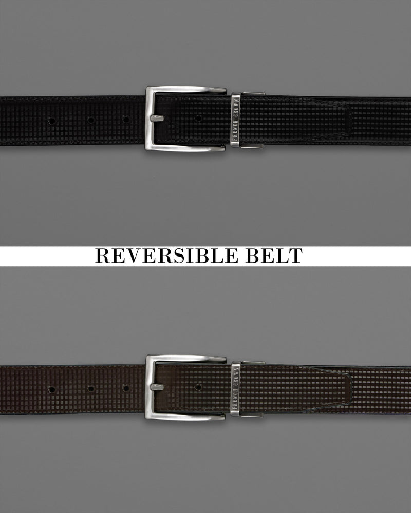 Silver Metallic Shiny Buckle with Jade Black and Dark Brown Leather Free Handcrafted Reversible Belt BT068-28, BT068-30, BT068-32, BT068-34, BT068-36, BT068-38