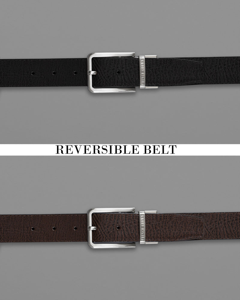 Silver Metallic Shiny Buckle with Jade Black and Dark Brown Leather Free Handcrafted Reversible Belt BT071-28, BT071-30, BT071-32, BT071-34, BT071-36, BT071-38