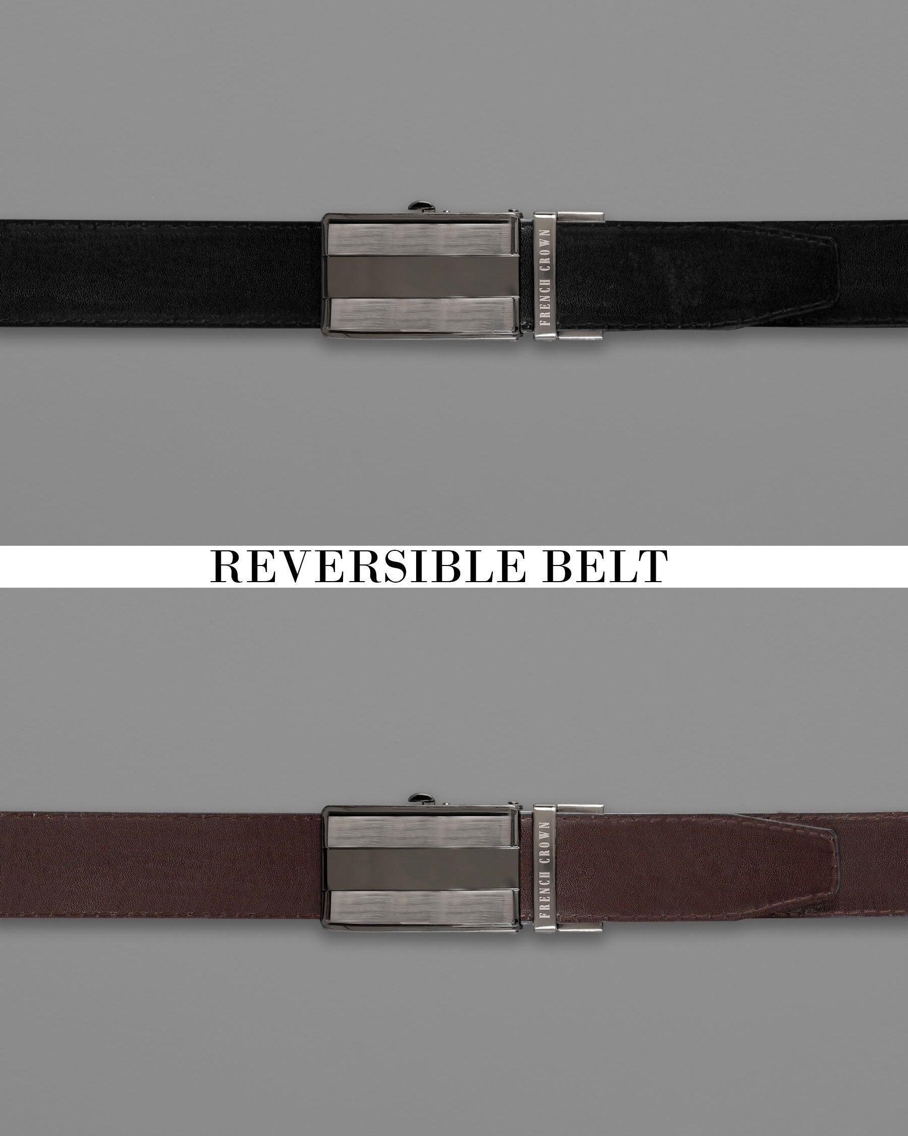 Silver Metallic with Golden Shiny Box Buckle with Jade Black and Brown Leather Free Handcrafted Reversible Belt BT074-28, BT074-30, BT074-32, BT074-34, BT074-36, BT074-38