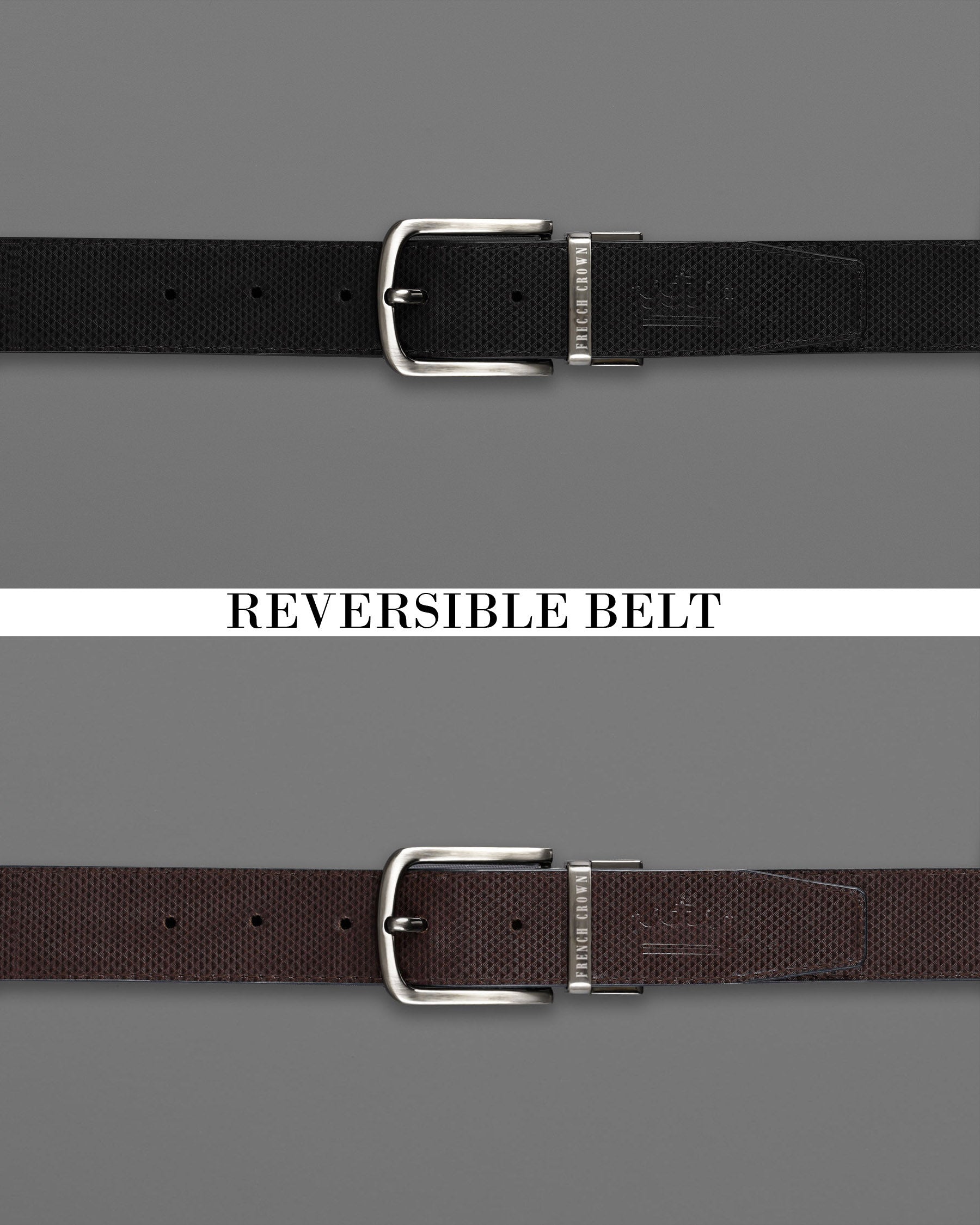 Silver Metallic Shiny Buckle Jade Black and Brown Leather Free Handcrafted Reversible Belt BT080-28, BT080-30, BT080-32, BT080-34, BT080-36, BT080-38